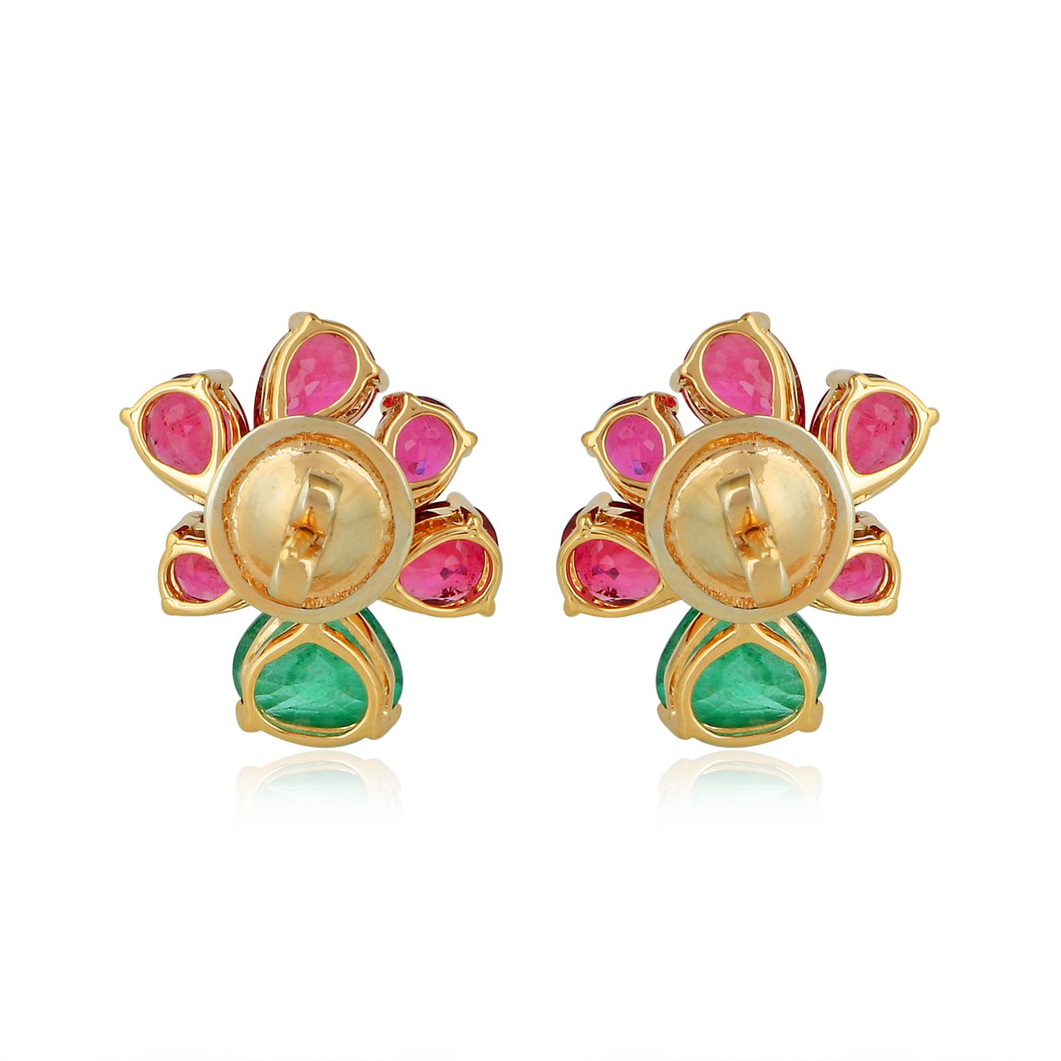 Modern Zambian Emerald Ruby Gemstone Stud Earrings Diamond 18 Karat Yellow Gold Jewelry For Sale