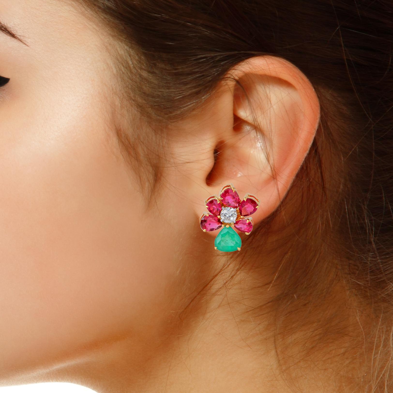 Pear Cut Zambian Emerald Ruby Gemstone Stud Earrings Diamond 18 Karat Yellow Gold Jewelry For Sale