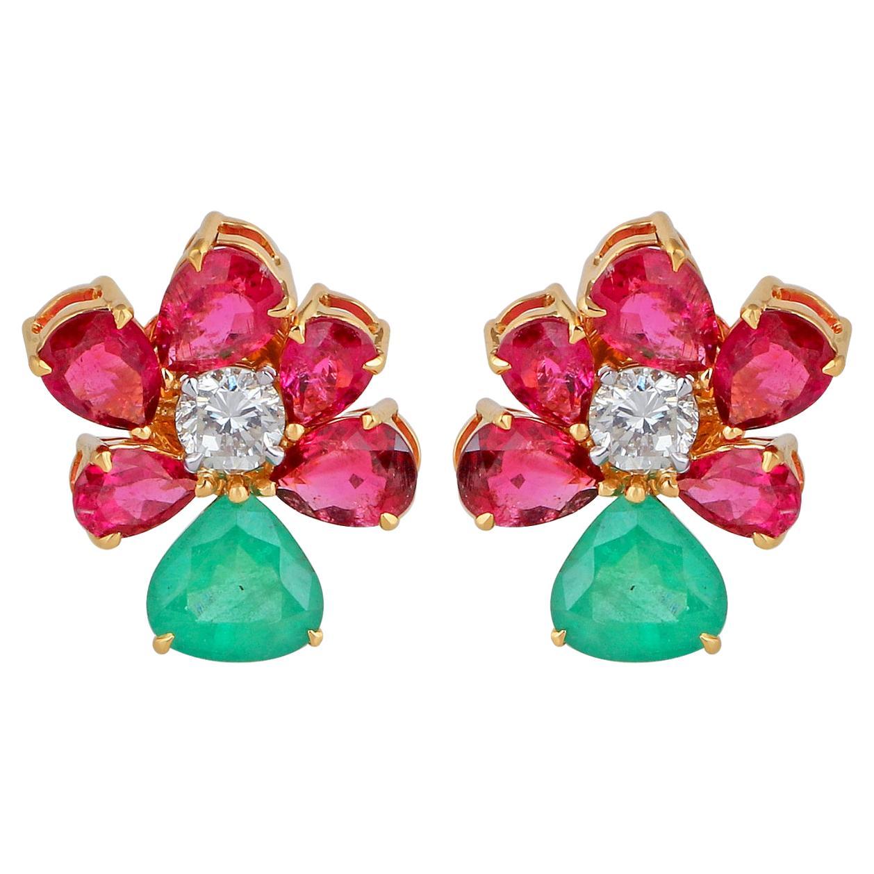 Zambian Emerald Ruby Gemstone Stud Earrings Diamond 18 Karat Yellow Gold Jewelry For Sale