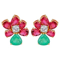 Zambian Emerald Ruby Gemstone Stud Earrings Diamond 18 Karat Yellow Gold Jewelry