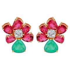 Emerald Ruby Gemstone Stud Earrings Diamond 18 Karat Yellow Gold Fine Jewelry