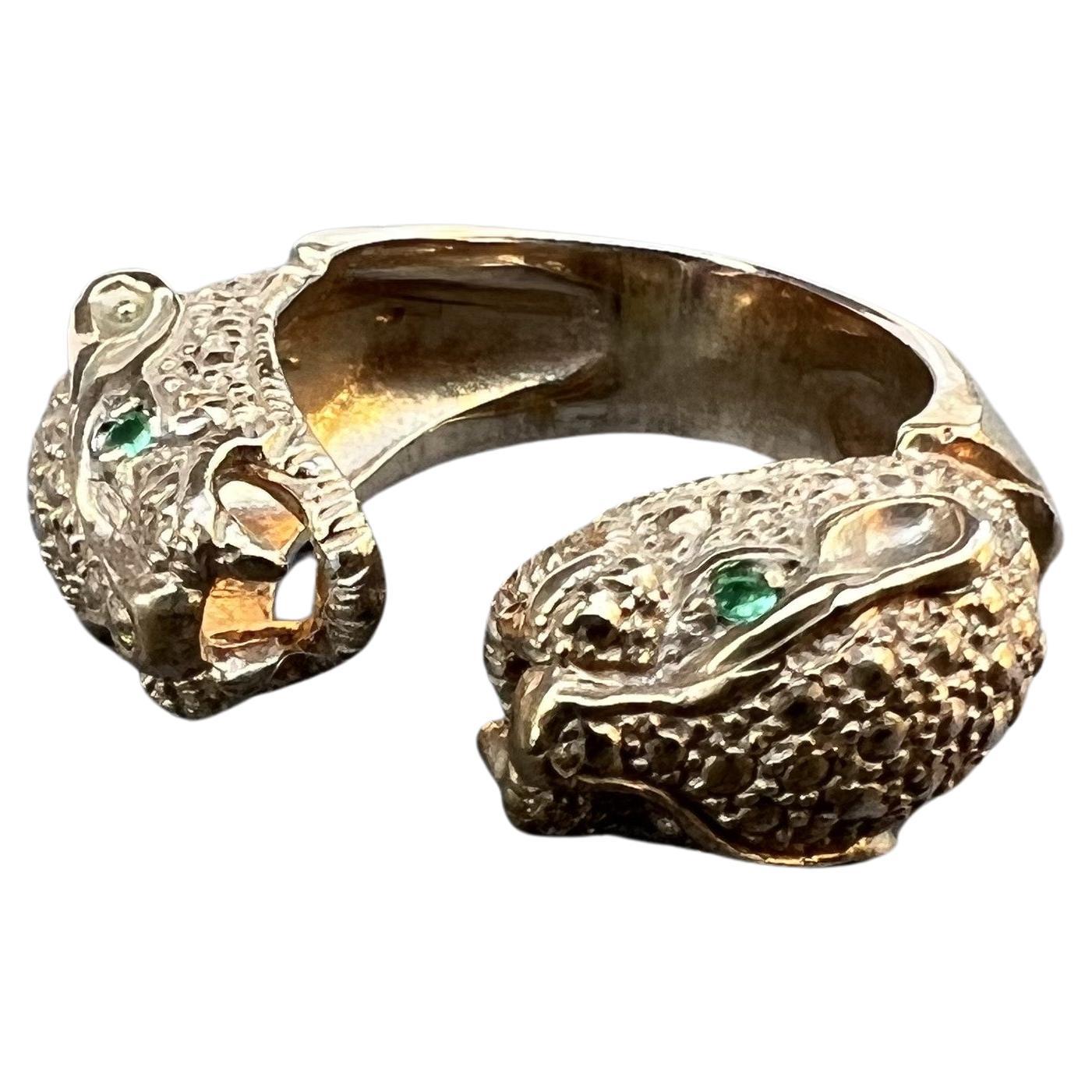 Women's Emerald Ruby Jaguar Ring Animal Jewelry Bronze J Dauphin For Sale