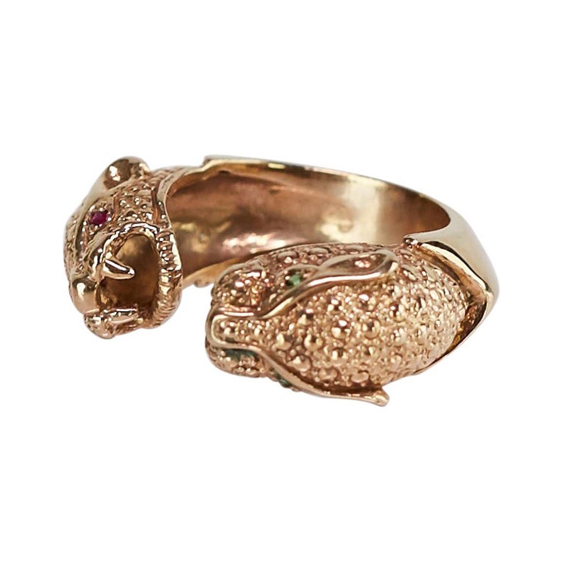Emerald Ruby Jaguar Ring Animal Jewelry Bronze J Dauphin For Sale