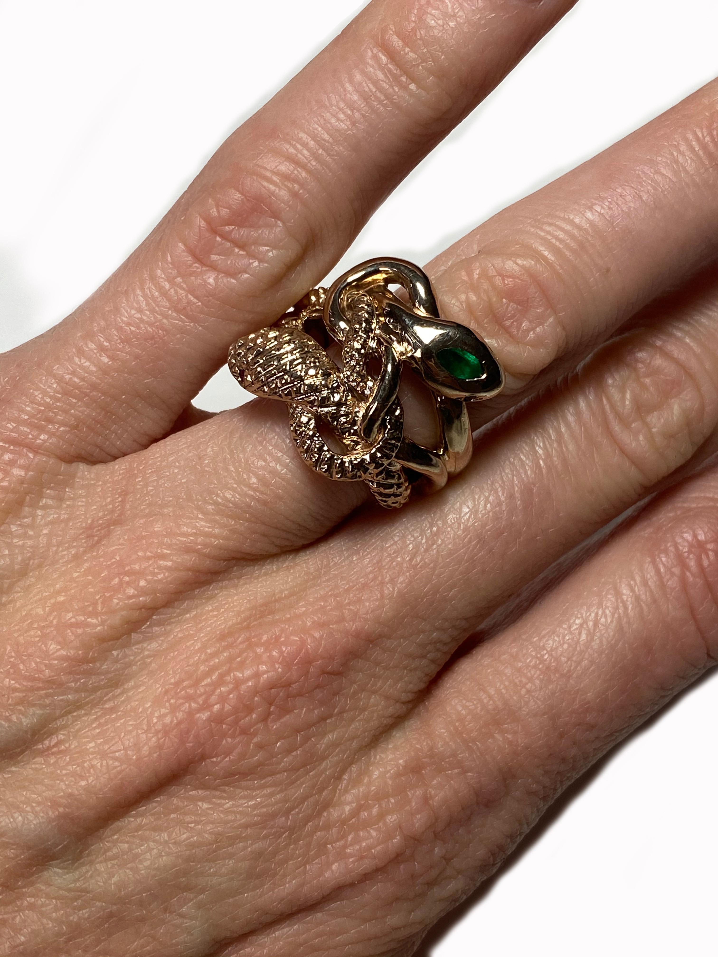 Victorian Sapphire Snake Head Ring Emerald Ruby Eyes Bronze J Dauphin For Sale