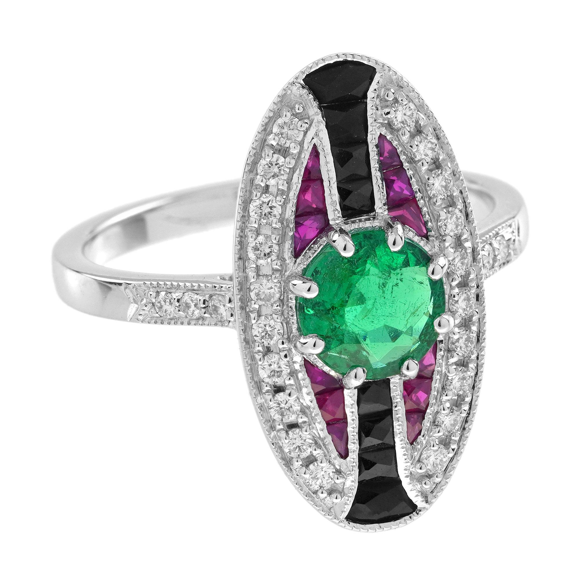 El Anillo de Cóctel Estilo Art Decó Esmeralda, Rubí y Ónice exhibe una llamativa esmeralda en el centro, flanqueada por vibrantes rubíes que se acentúan con brillantes diamantes. Añadiendo un toque atrevido, el ónice embellece ambos lados del