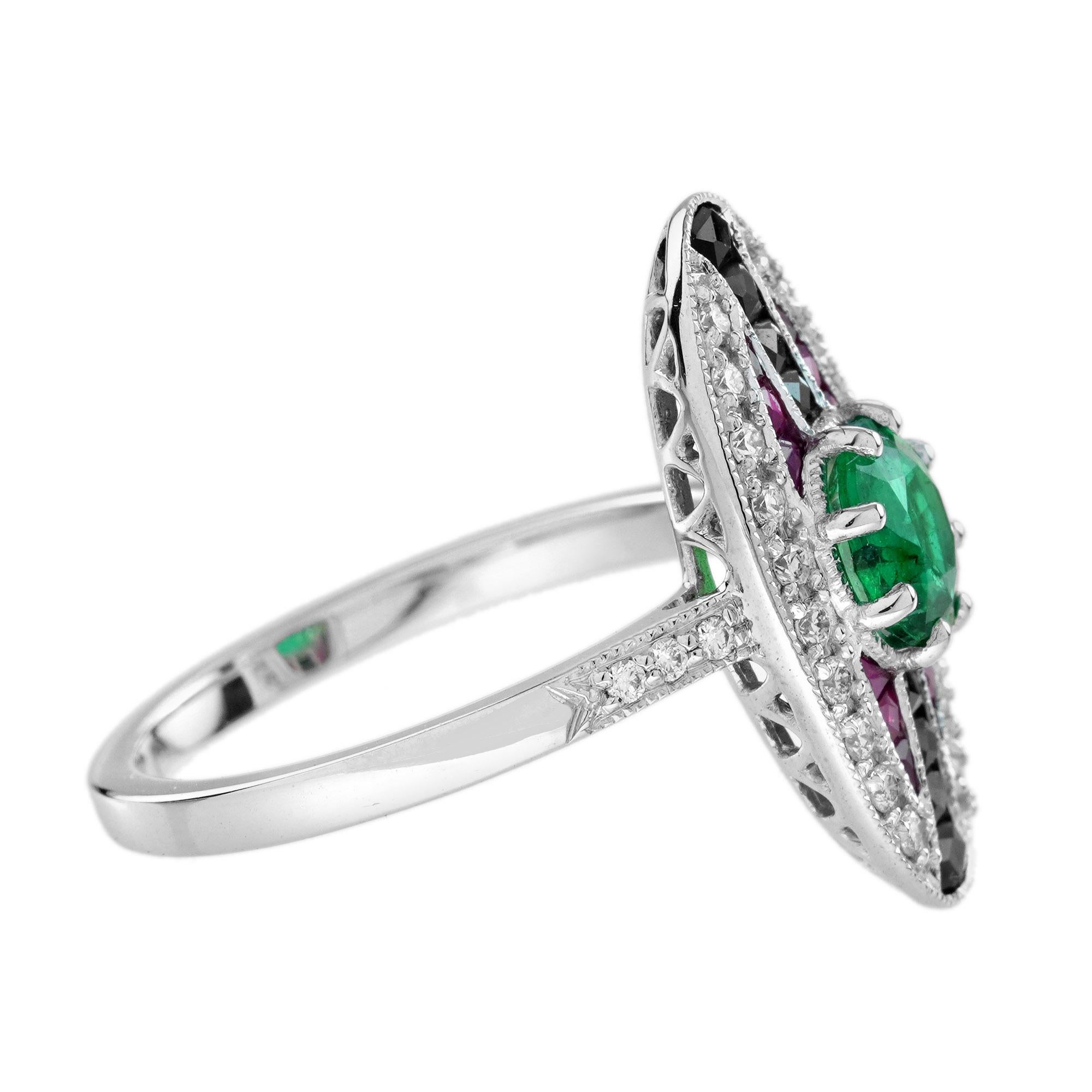 Esmeralda y Rubí Ónix Estilo Art Decó Anillo de Oro Blanco de 18K de Inspiración Vintage Corte redondo en venta