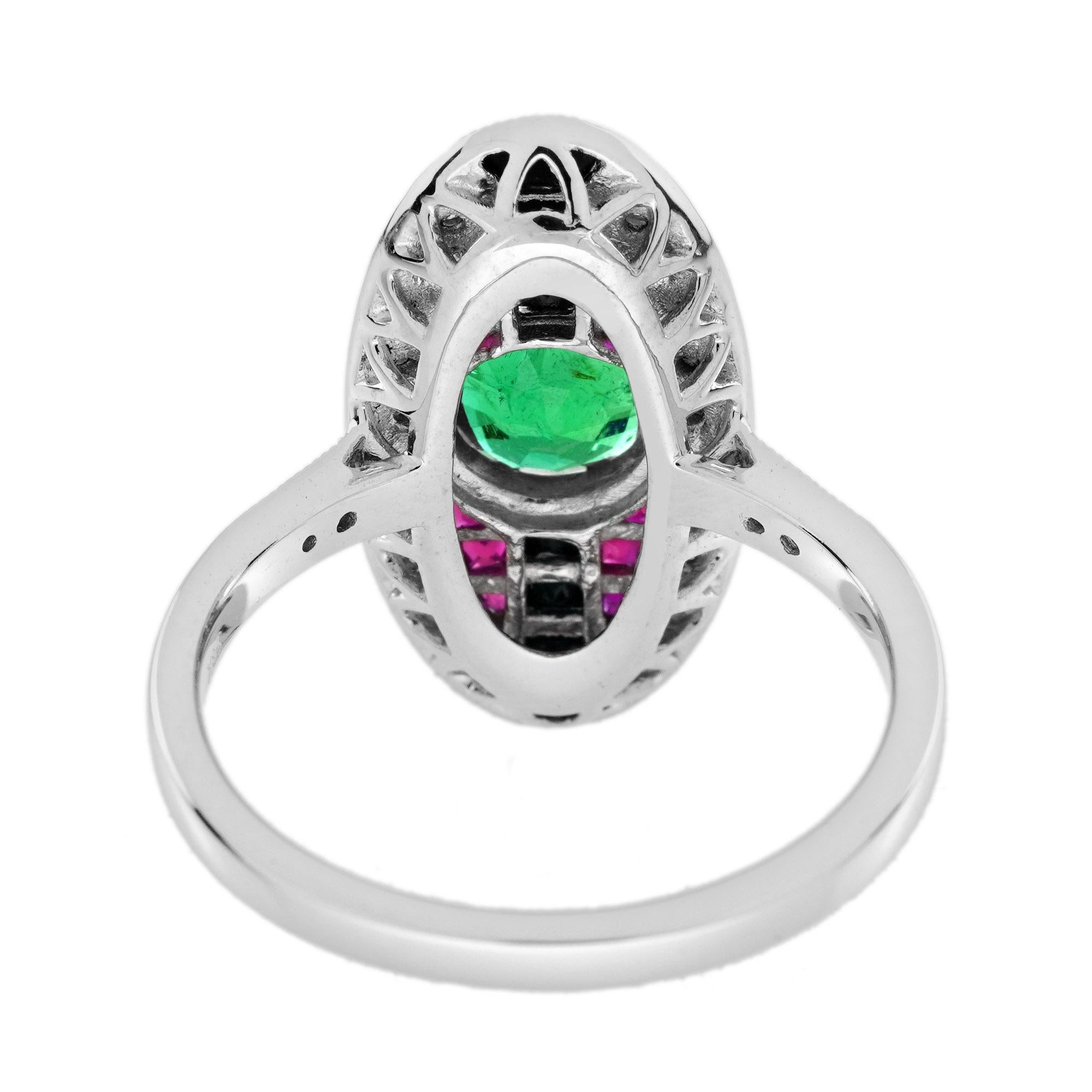 Esmeralda y Rubí Ónix Estilo Art Decó Anillo de Oro Blanco de 18K de Inspiración Vintage en Nuevo estado para la venta en Oakton, VA