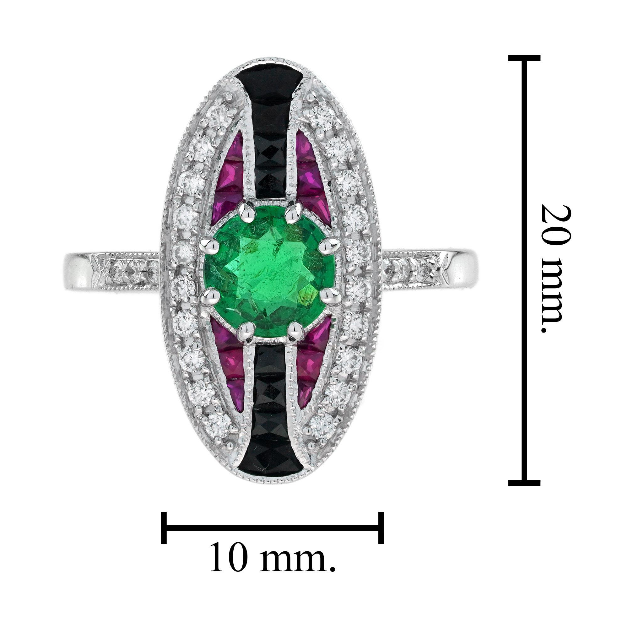 Esmeralda y Rubí Ónix Estilo Art Decó Anillo de Oro Blanco de 18K de Inspiración Vintage en venta 1