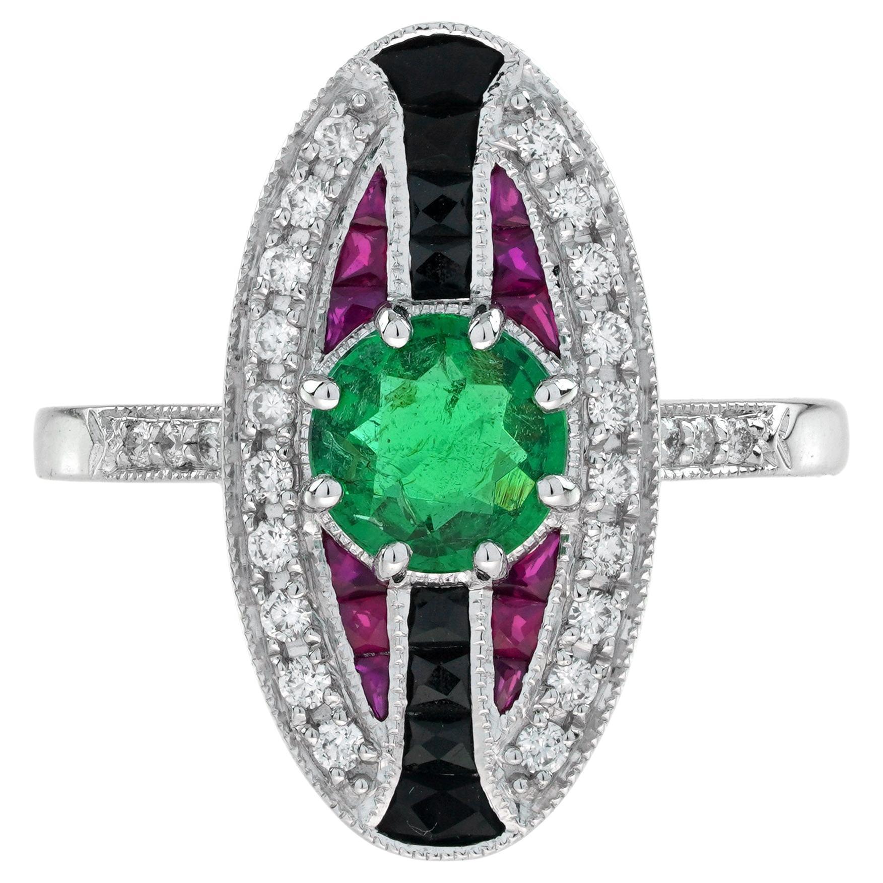 Esmeralda y Rubí Ónix Estilo Art Decó Anillo de Oro Blanco de 18K de Inspiración Vintage