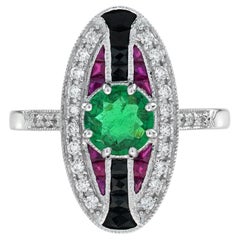 Esmeralda y Rubí Ónix Estilo Art Decó Anillo de Oro Blanco de 18K de Inspiración Vintage