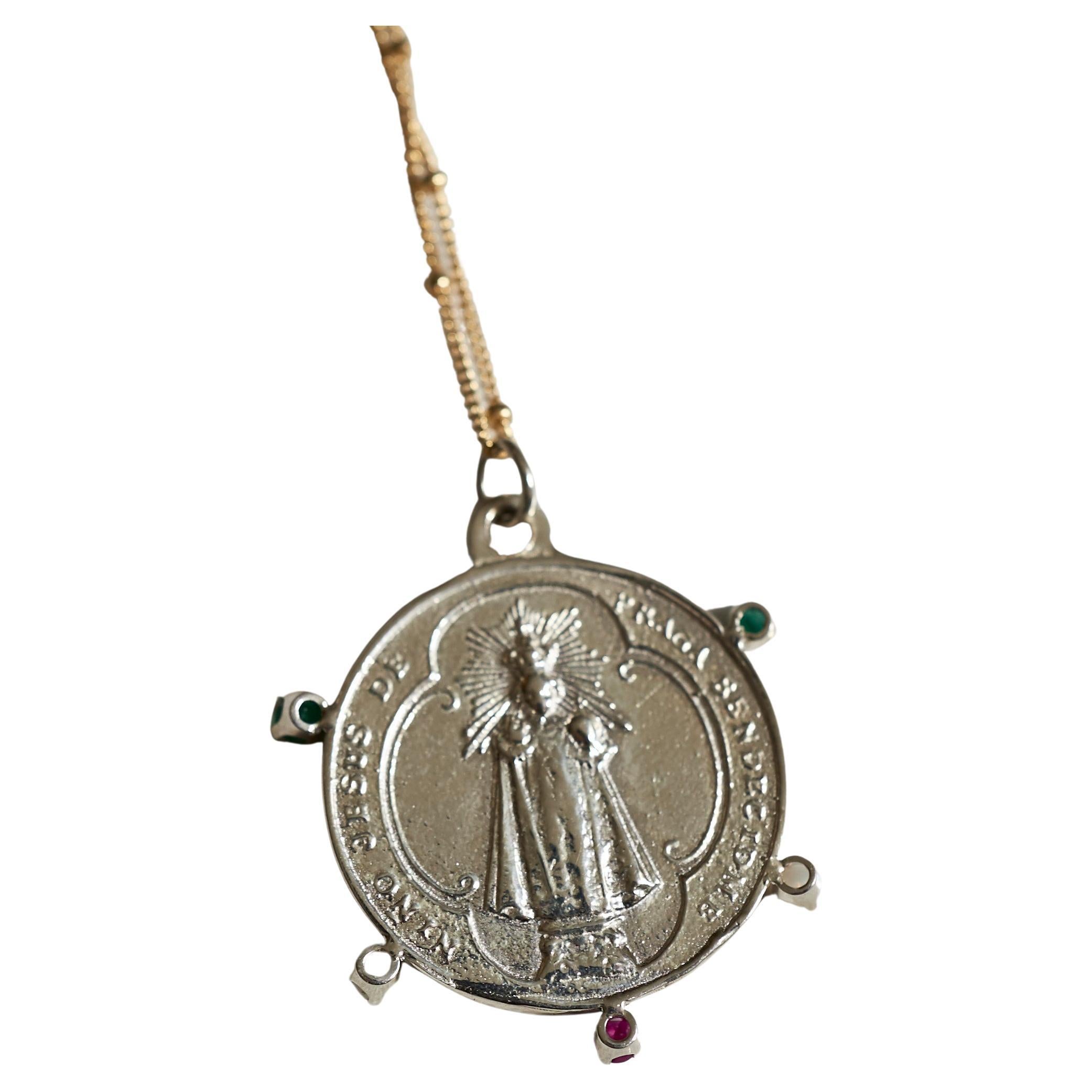 Emerald Ruby Opal Virgin Mary Medal Necklace Silver Pendant Gold filled Chain J Dauphin

Symbols or medals can become a powerful tool in our arsenal for the spiritual. 
Since ancient times spiritual pendants, religious medals has been used to