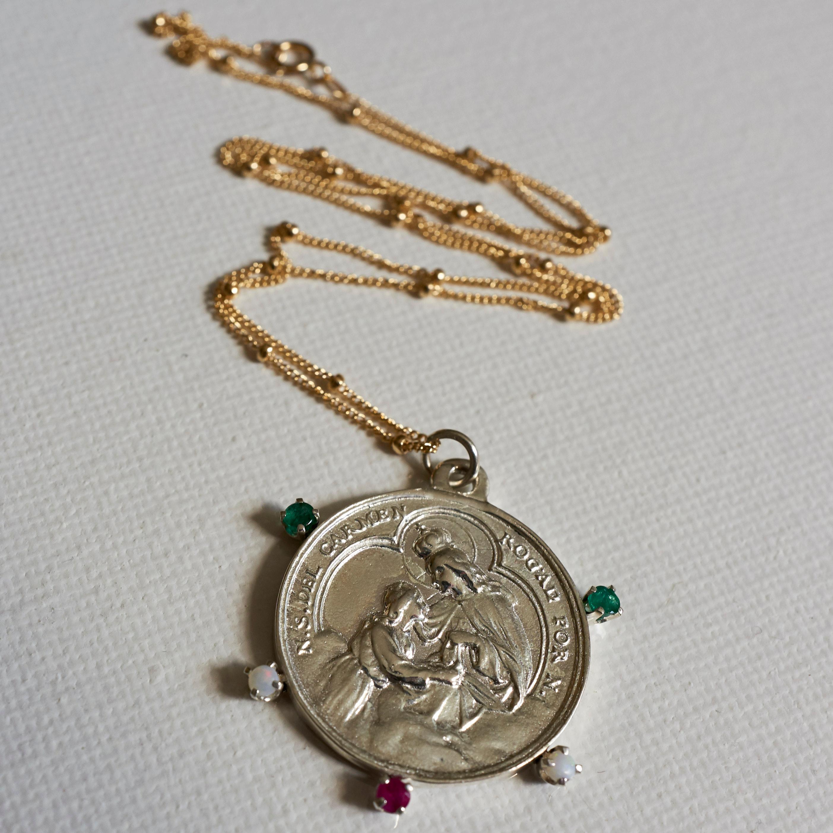 Contemporary Emerald Ruby Opal Virgin Mary Medal Necklace Silver Pendant Gold Filled Chain J For Sale