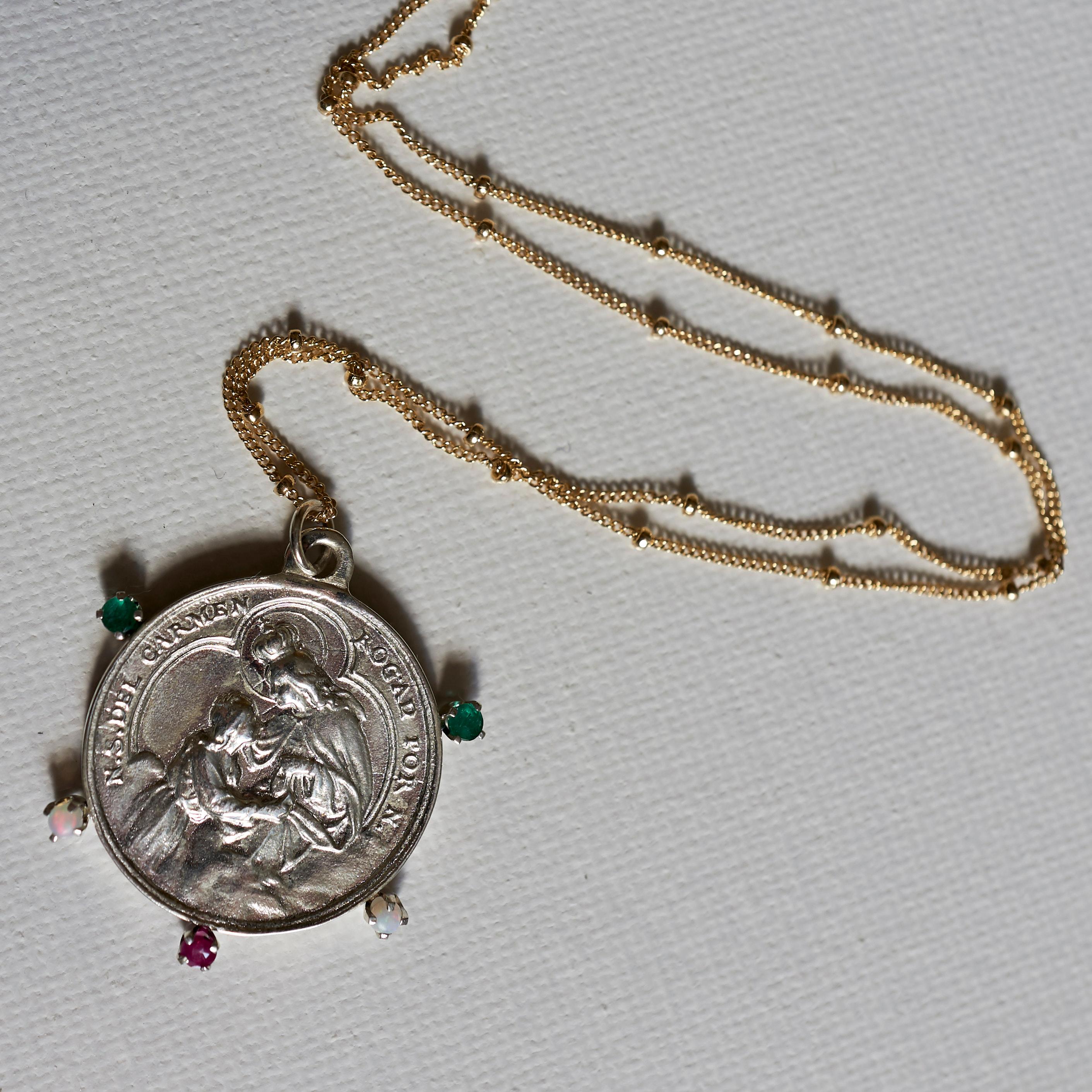 Contemporary Emerald Ruby Opal Virgin Mary Medal Necklace Silver Pendant Gold Filled Chain J For Sale