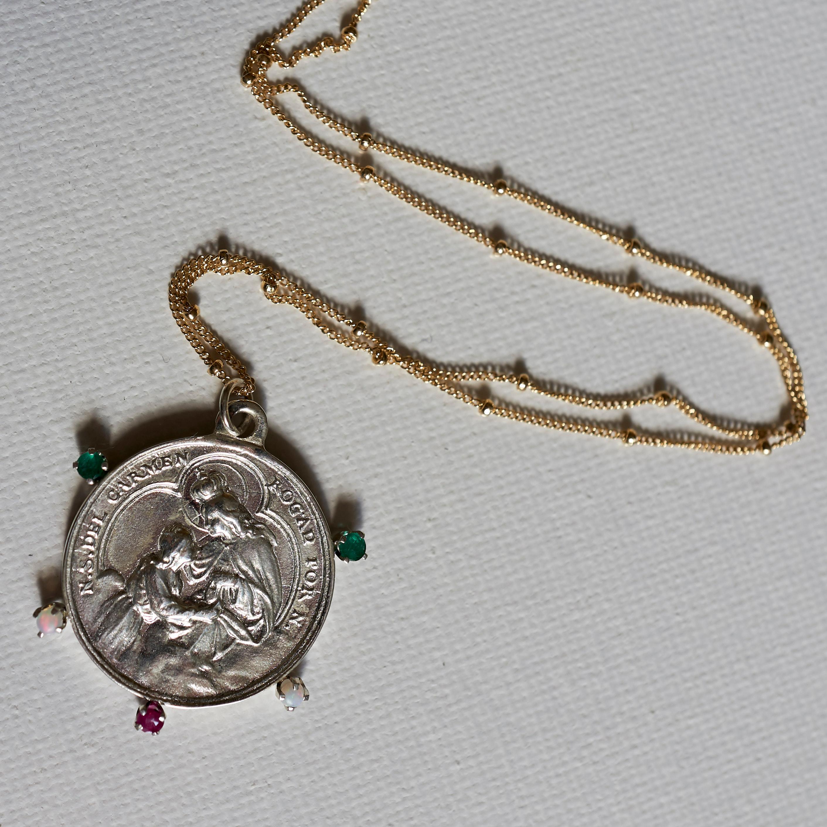 Esmeralda Rubí Ópalo Virgen María Medalla Collar Colgante de Plata Cadena de Oro J en venta 1