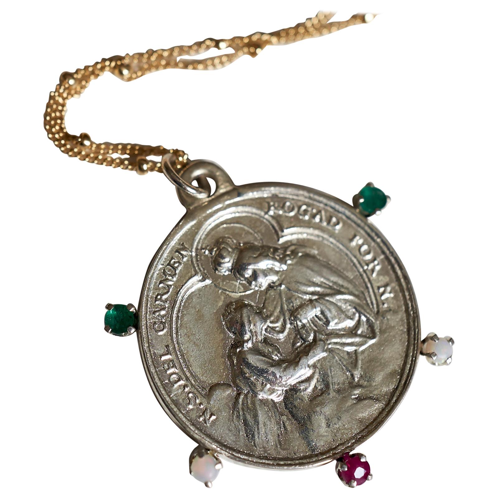 Collier médaille de la Vierge Marie en émeraude, rubis et opale, pendentif en argent, chaîne remplie d'or J