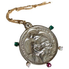 Collier médaille de la Vierge Marie en émeraude, rubis et opale, pendentif en argent, chaîne remplie d'or J