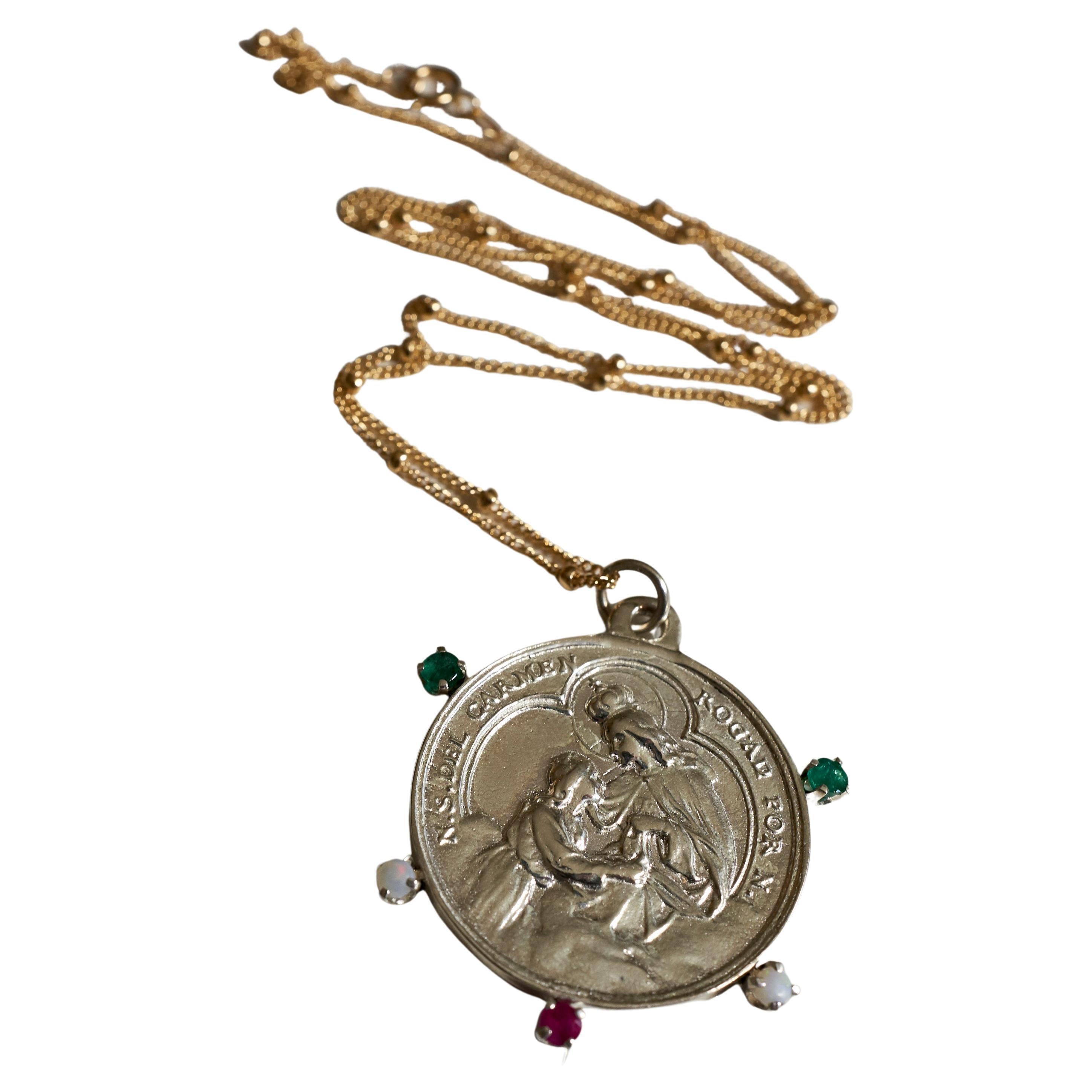 Collier médaille de la Vierge Marie en émeraude, rubis et opale, pendentif en argent, chaîne remplie d'or J