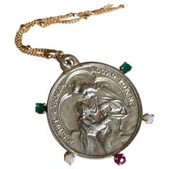 Emerald Ruby Opal Virgin Mary Medal Necklace Silver Pendant Gold Filled Chain J