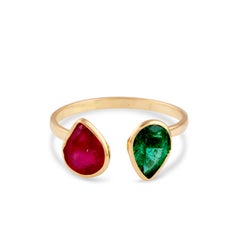 Anillo en forma de pera de esmeralda y rubí en oro amarillo de 18 quilates, 2,32 quilates, EE.UU.