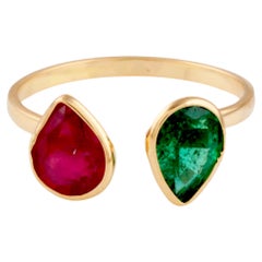 Emerald & Ruby Pear Shape Ring In 18K Yellow Gold