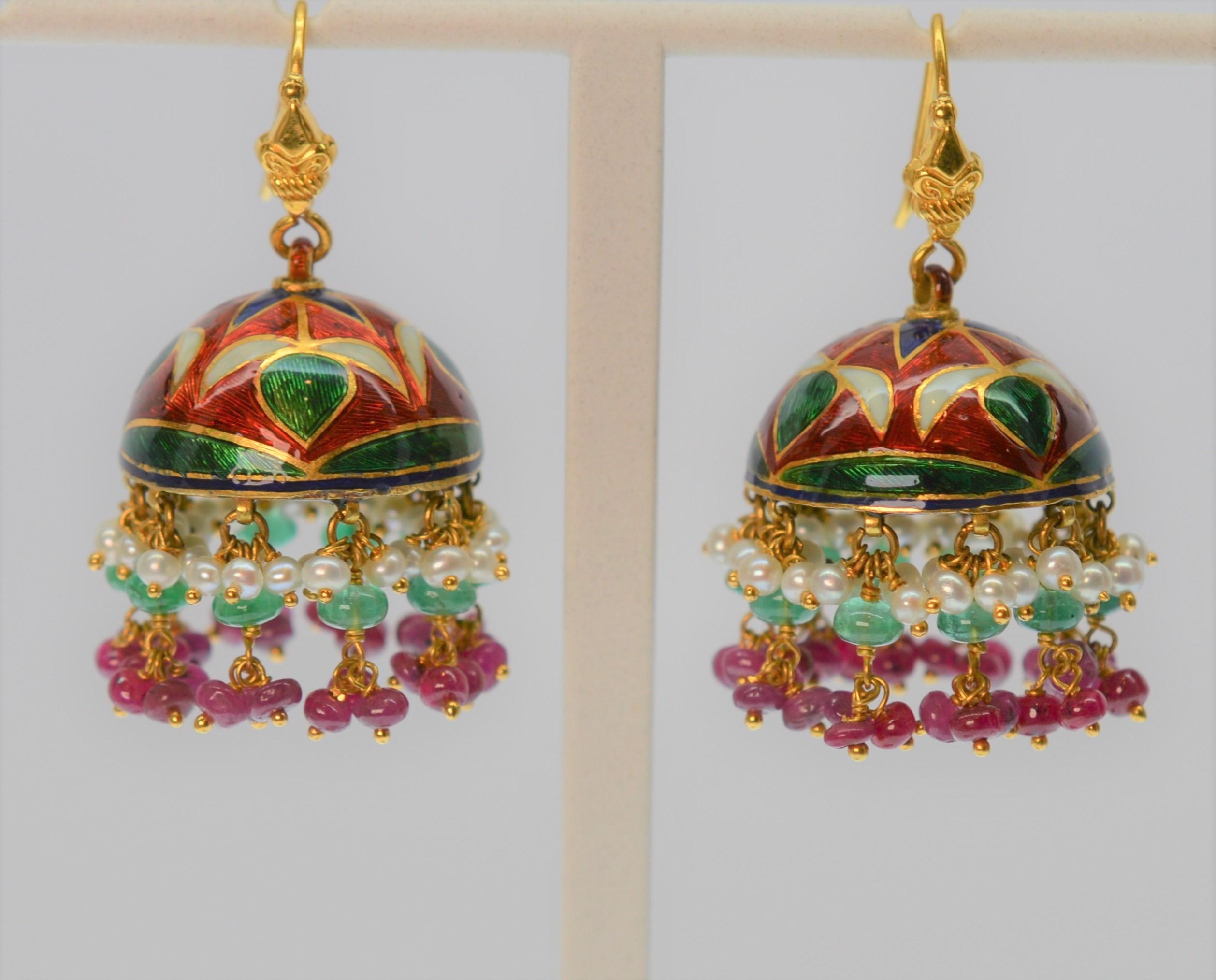 Artisan Emerald, Ruby, Pearl Yellow Gold Indian Marriage Earrings w Enamel Accents