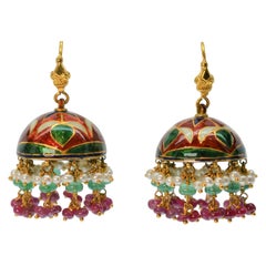 Emerald, Ruby, Pearl Yellow Gold Indian Marriage Earrings w Enamel Accents