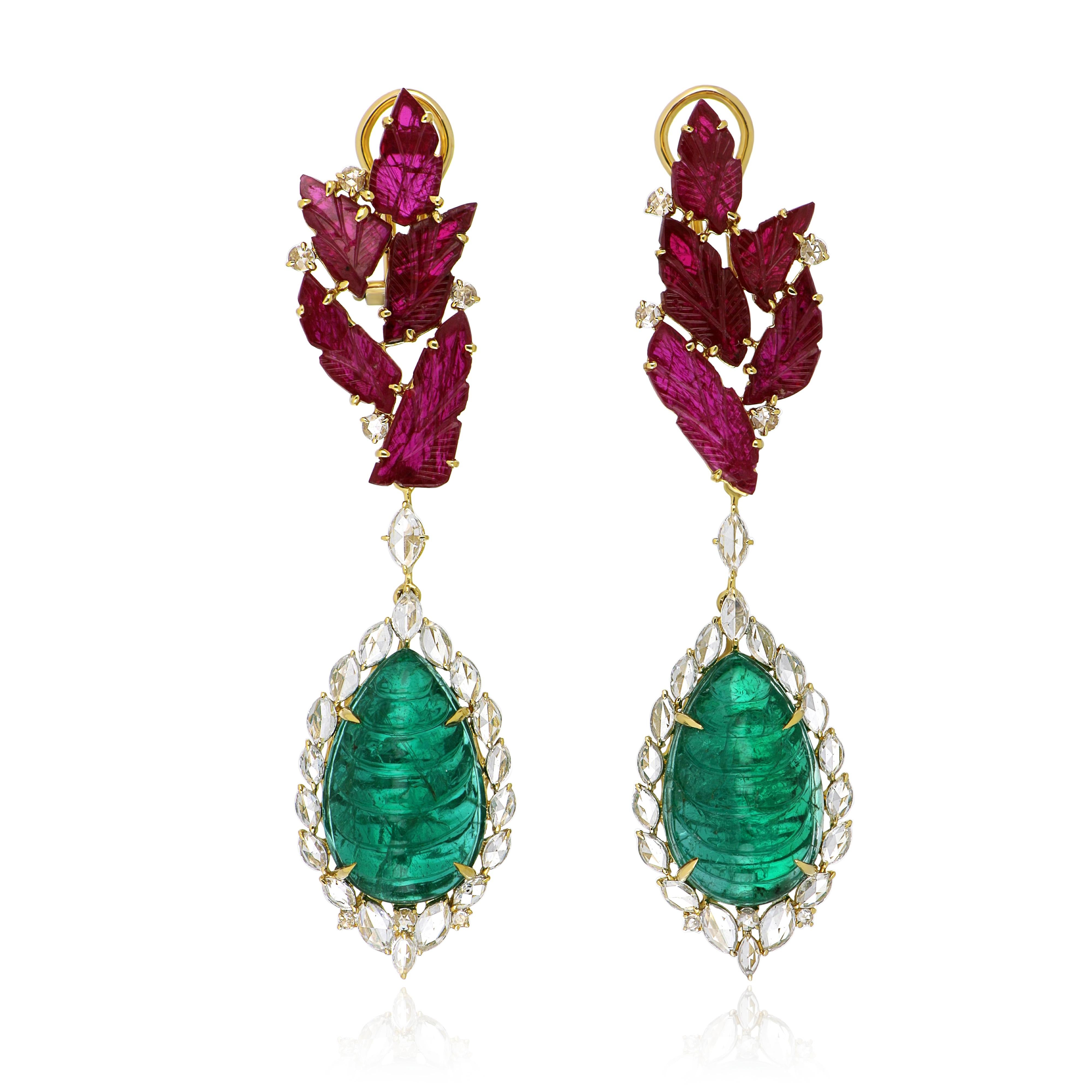 Women's Emerald, Ruby & Rose Cut Diamond Studded Earrings in 18 Karat Yellow Gold For Sale
