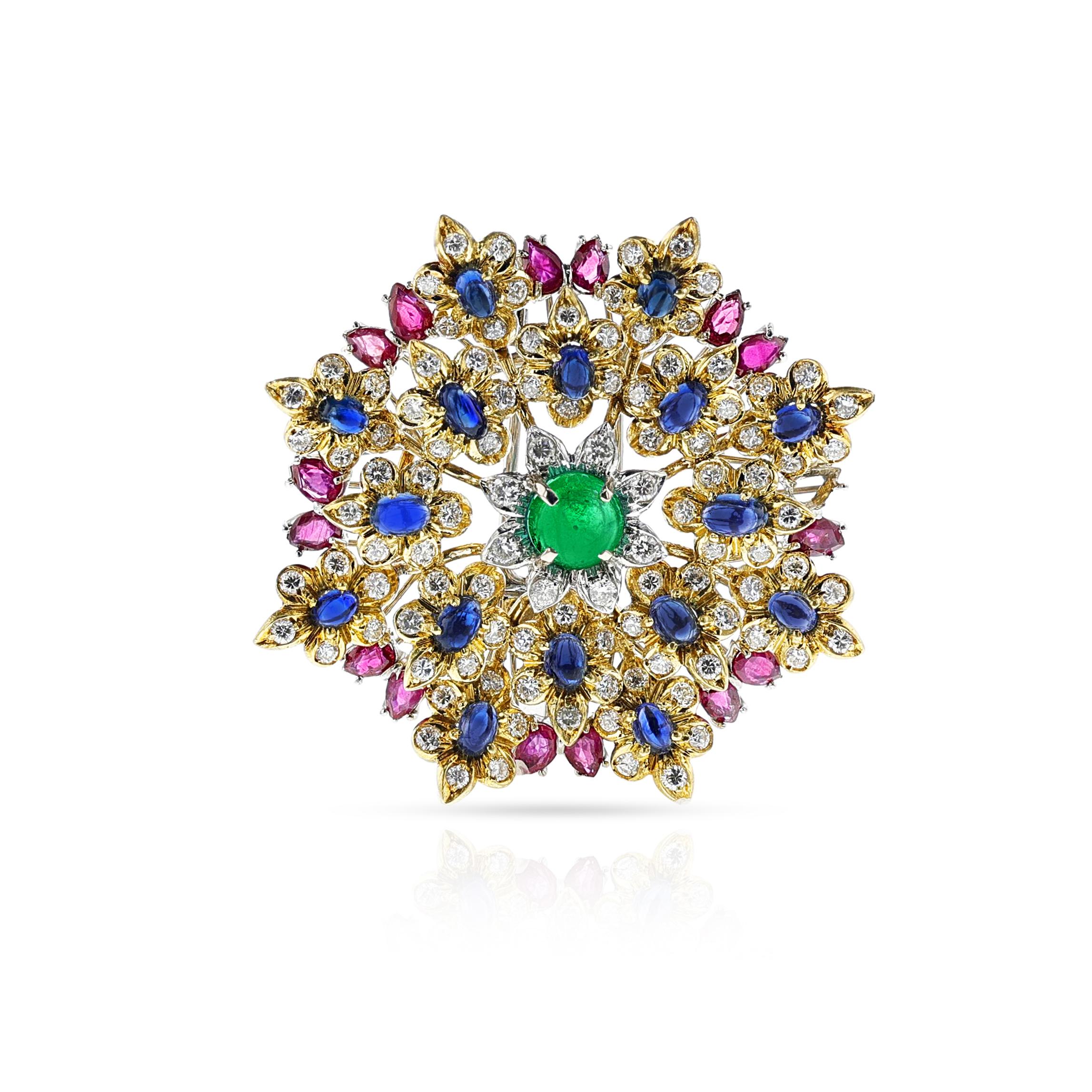 An Emerald, Ruby, Sapphire and Diamond Brooch made in 18k Gold and Platinum. The diamonds weigh 2.50 carats appx. The brooch weighs 21.47 grams. The length is 1.80 inches.



SKU: 1528