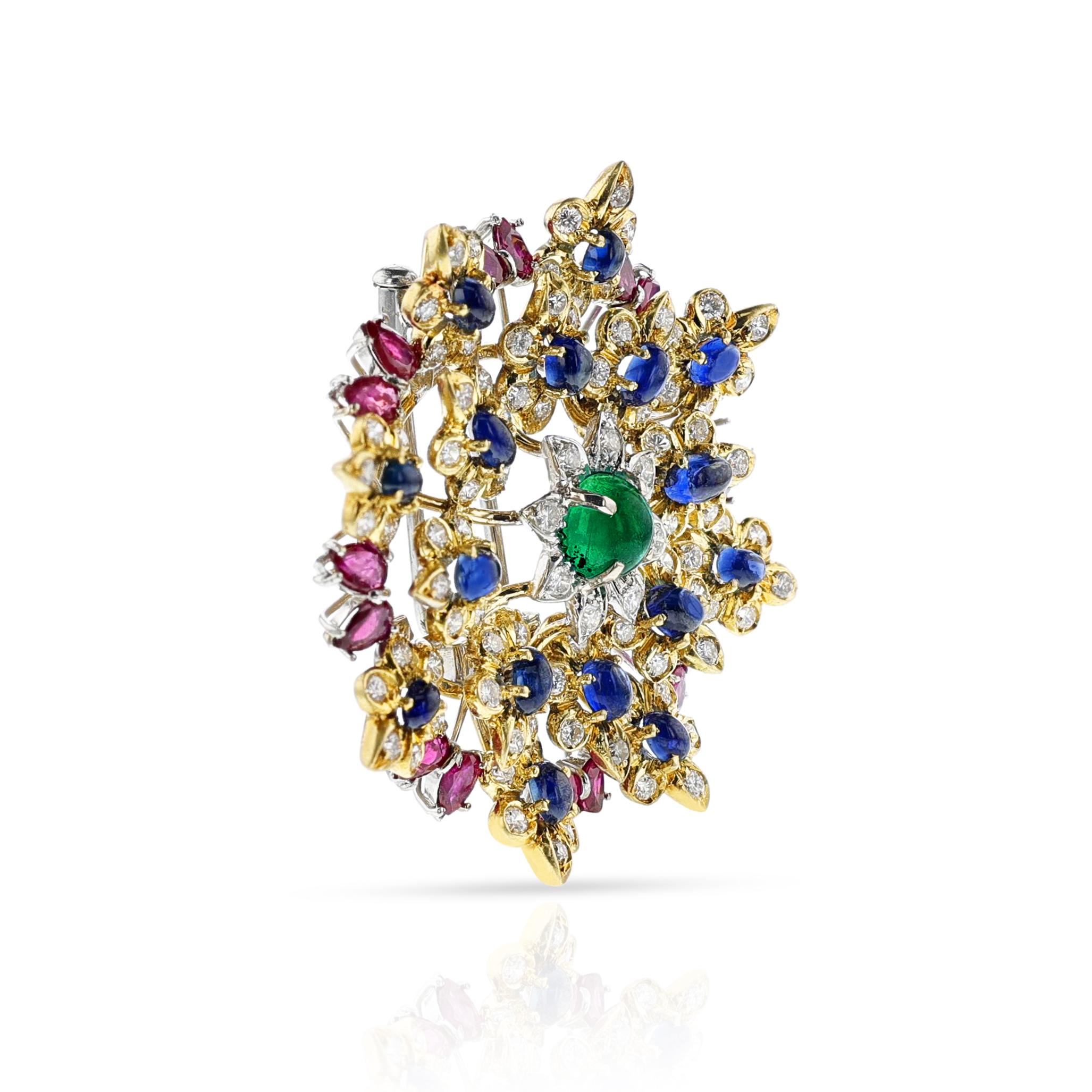 Cabochon Emerald, Ruby, Sapphire and Diamond Brooch, 18k Gold and Platinum For Sale