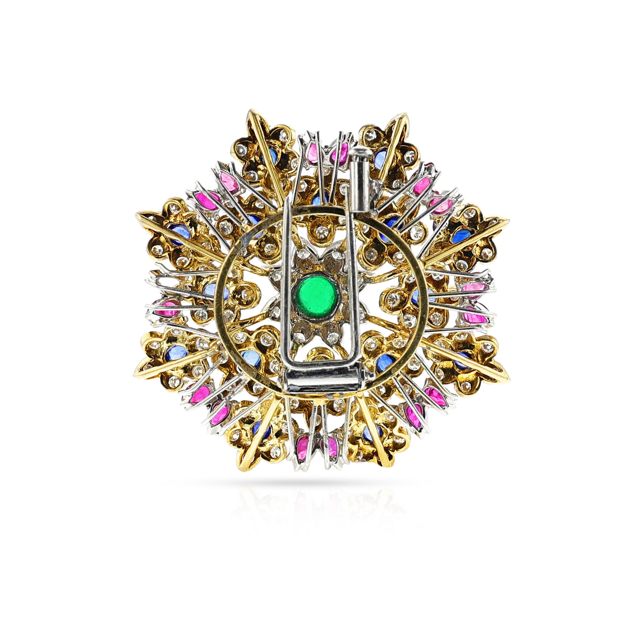 Women's or Men's Emerald, Ruby, Sapphire and Diamond Brooch, 18k Gold and Platinum For Sale