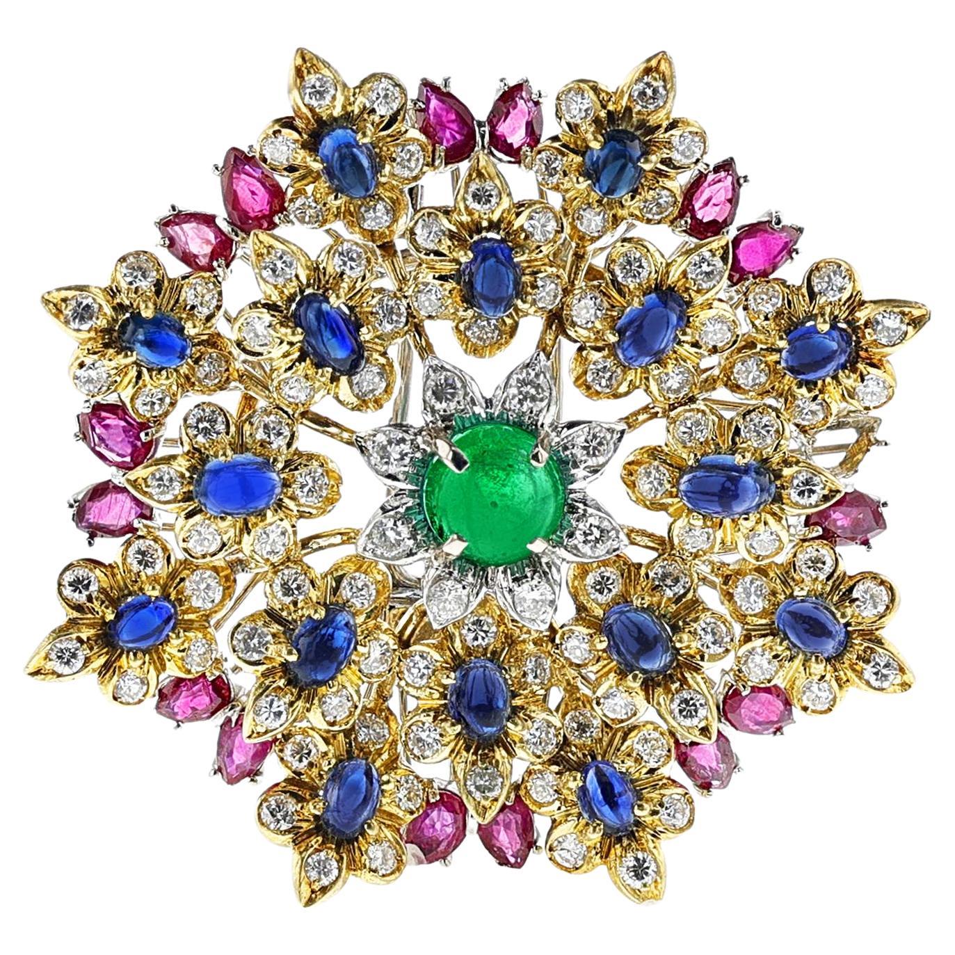 Emerald, Ruby, Sapphire and Diamond Brooch, 18k Gold and Platinum For Sale