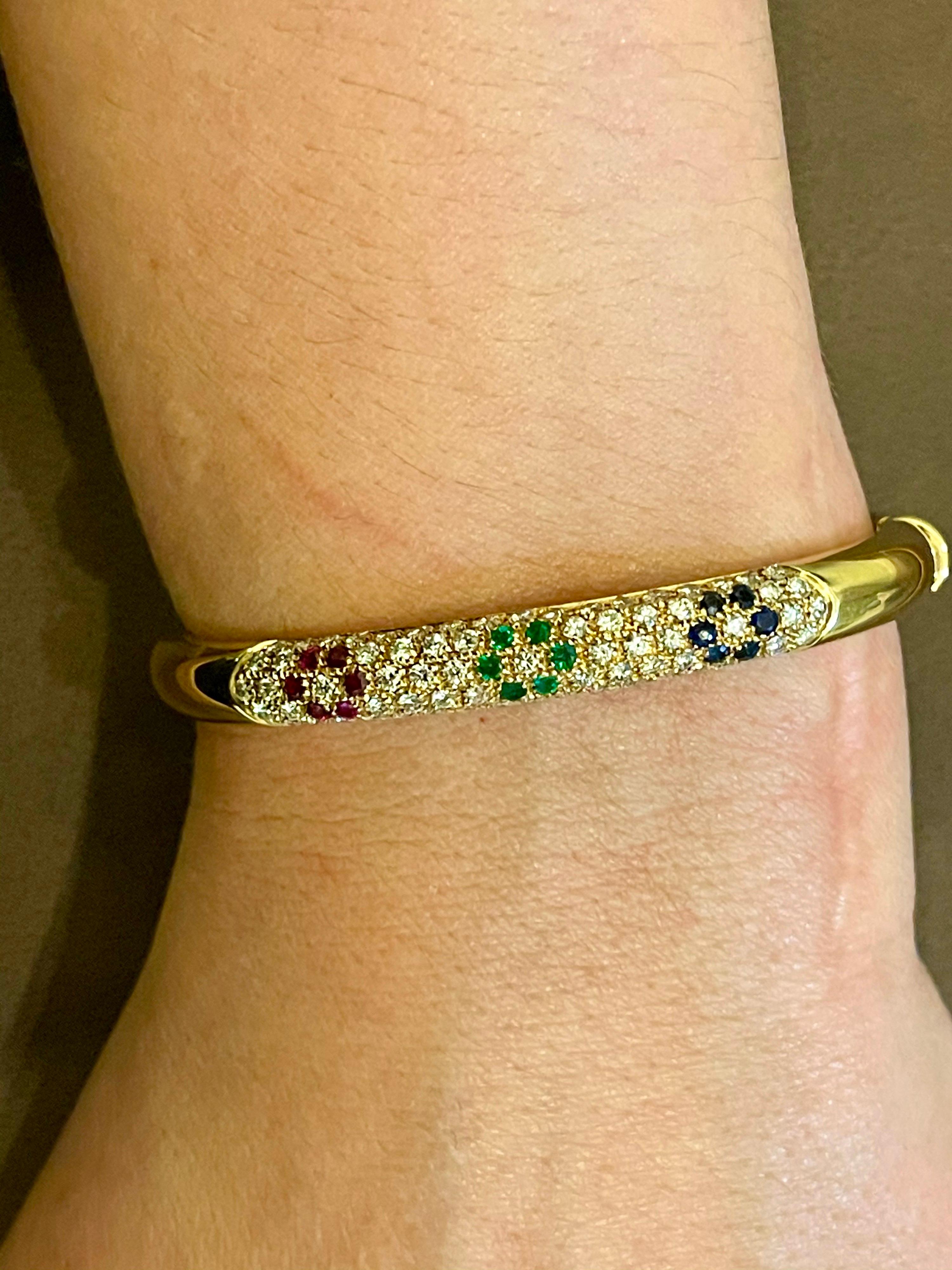 Emerald Ruby Sapphire and Diamond Cuff Bangle Bracelet in 18 Karat Yellow Gold For Sale 5