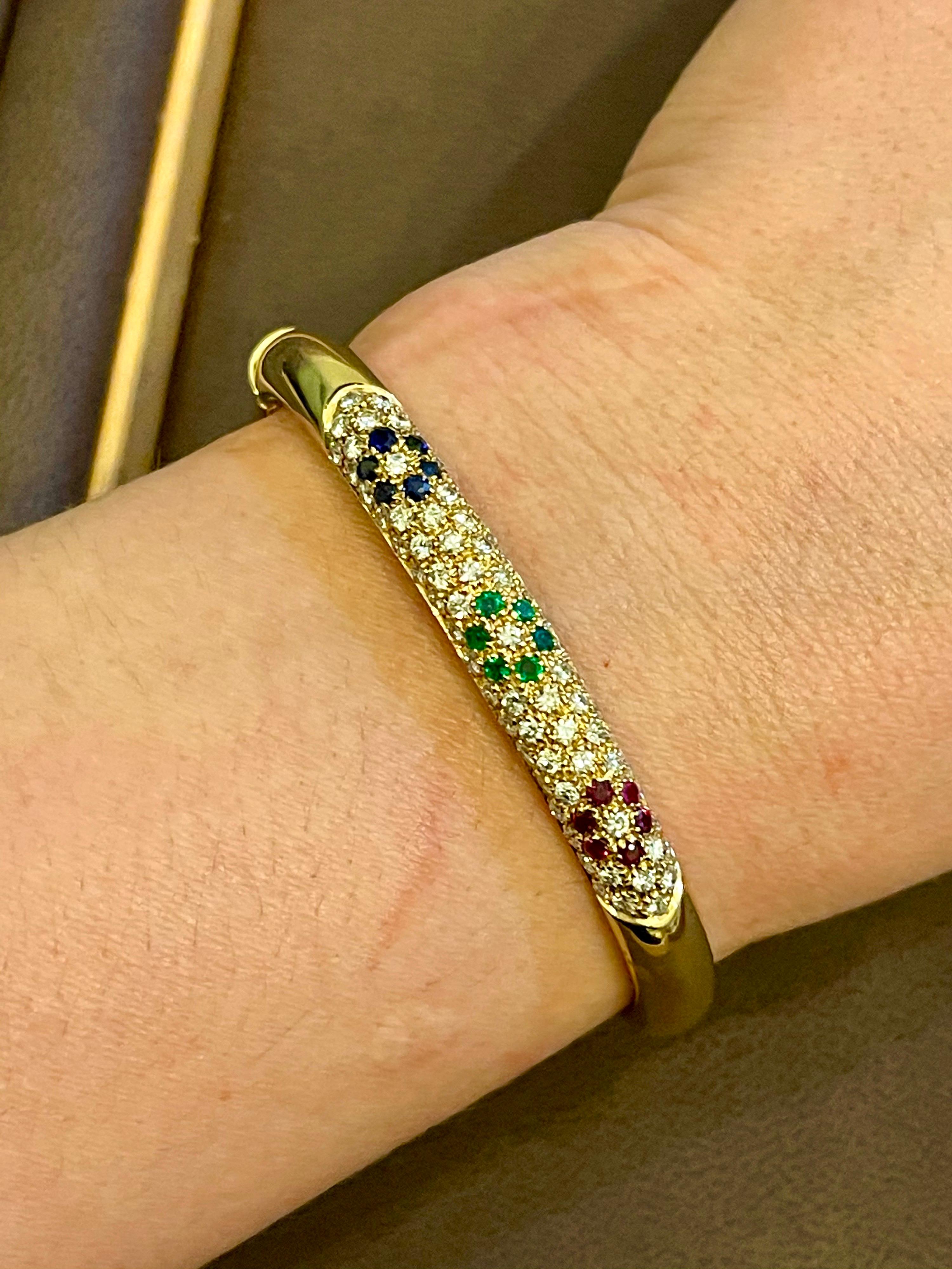 Emerald Ruby Sapphire and Diamond Cuff Bangle Bracelet in 18 Karat Yellow Gold For Sale 7