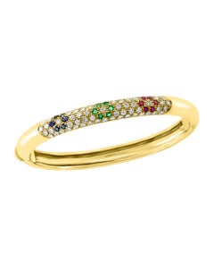 Emerald Ruby Sapphire and Diamond Cuff Bangle Bracelet in 18 Karat Yellow Gold