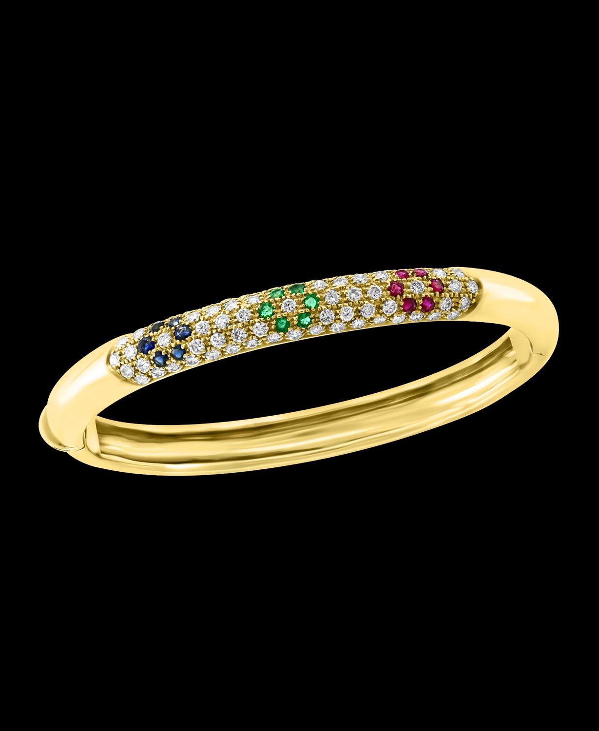 Round Cut Emerald Ruby Sapphire and Diamond Cuff Bangle Bracelet in 18 Karat Yellow Gold For Sale
