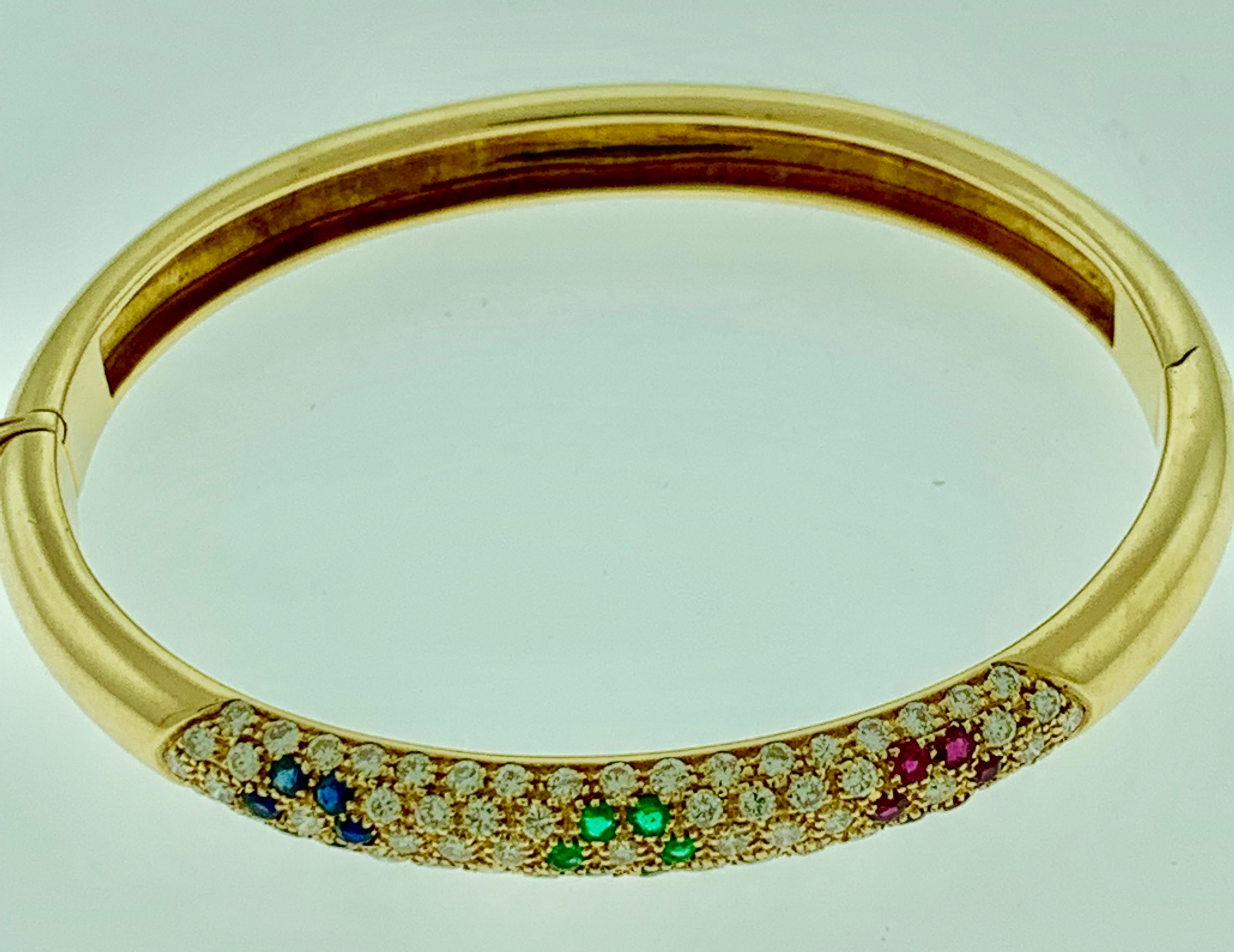 Women's Emerald Ruby Sapphire and Diamond Cuff Bangle Bracelet in 18 Karat Yellow Gold For Sale