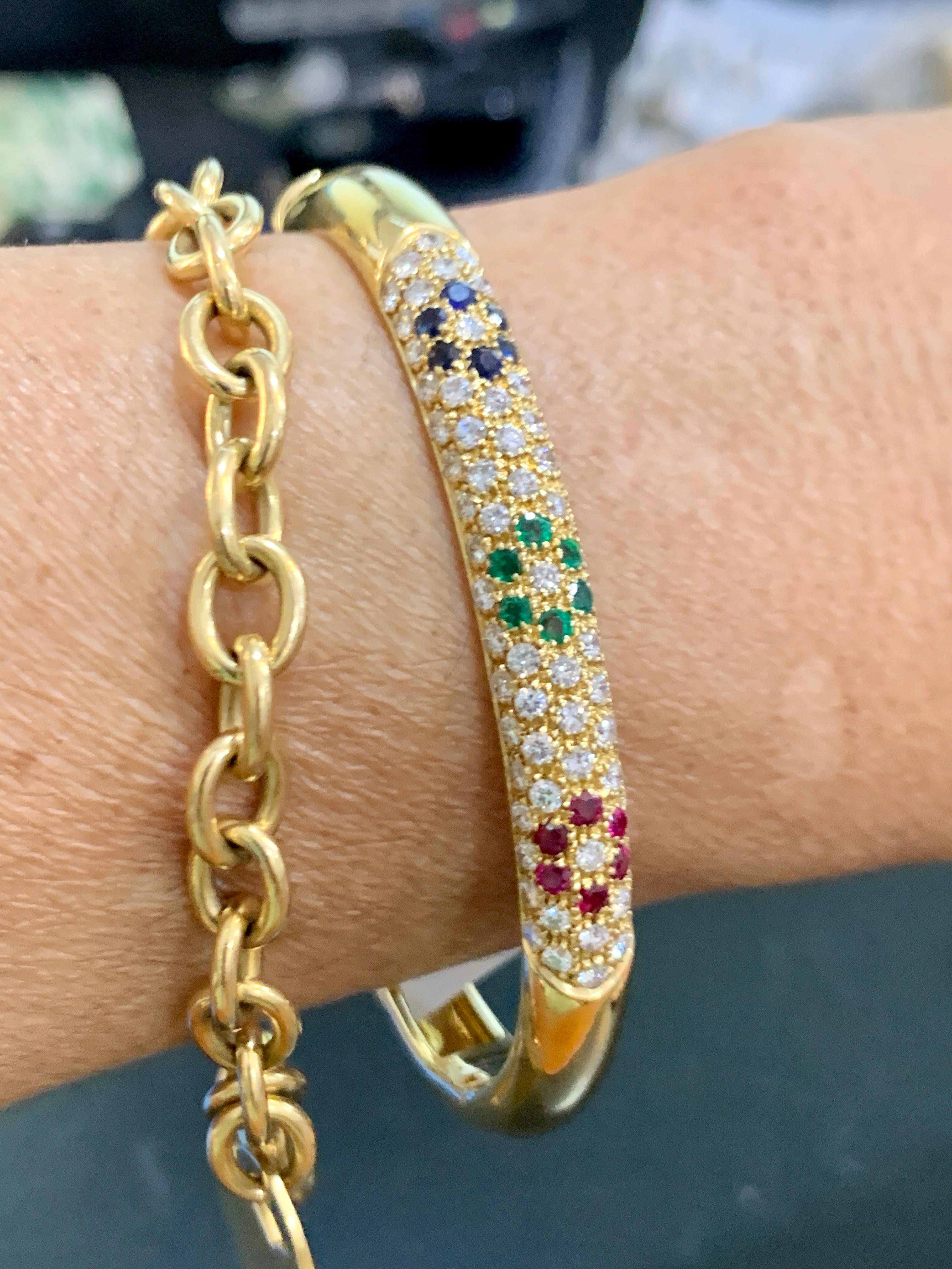 Emerald Ruby Sapphire and Diamond Cuff Bangle Bracelet in 18 Karat Yellow Gold For Sale 3