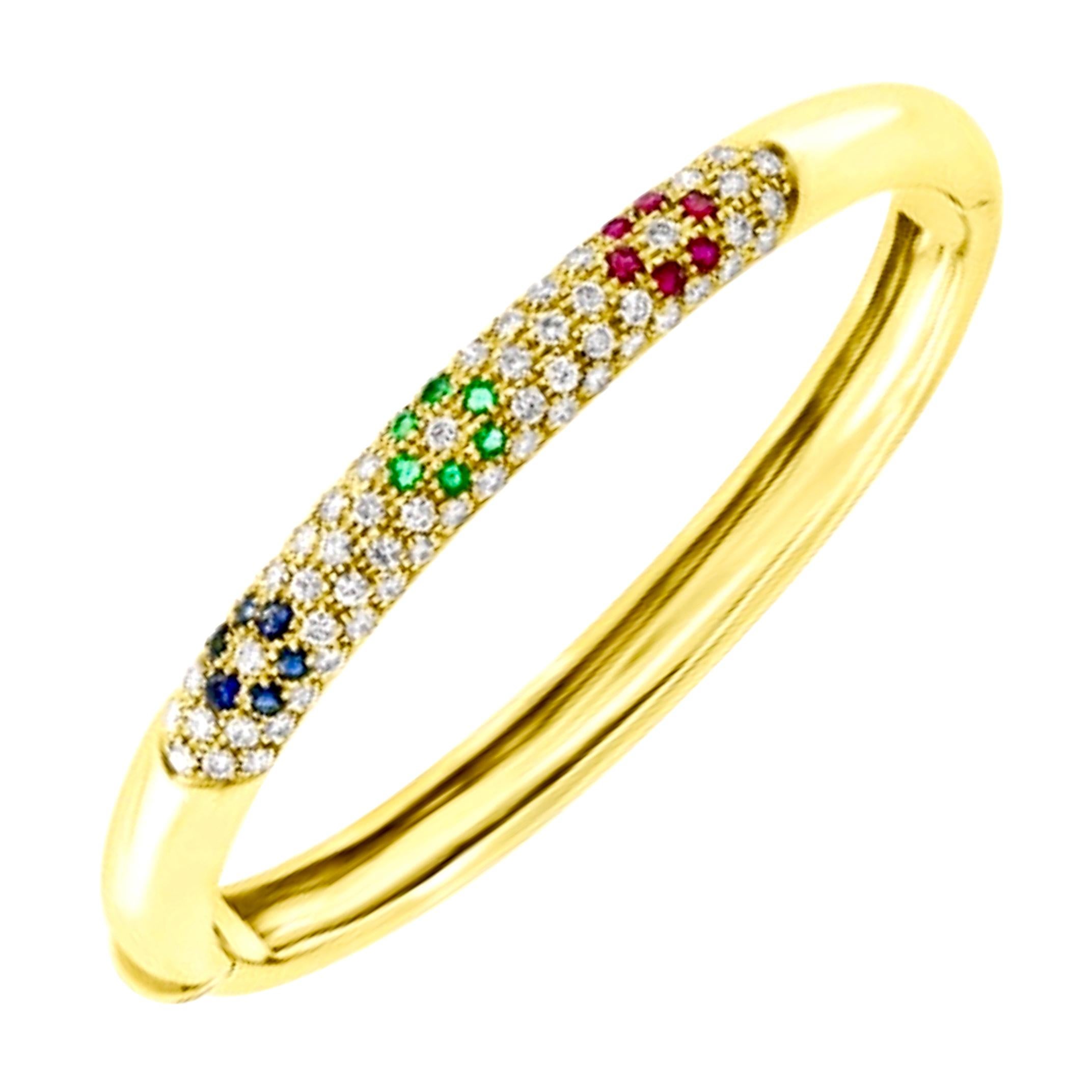 Emerald Ruby Sapphire and Diamond Cuff Bangle Bracelet in 18 Karat Yellow Gold