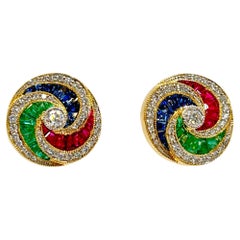 Emerald, Ruby, Sapphire and Diamond Earrings in 18 Karat Yellow Gold