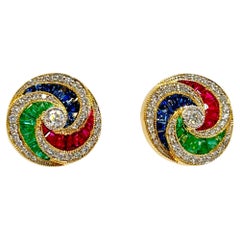 Boucles d'oreilles en or jaune 18 carats, émeraude, rubis, saphir et diamant