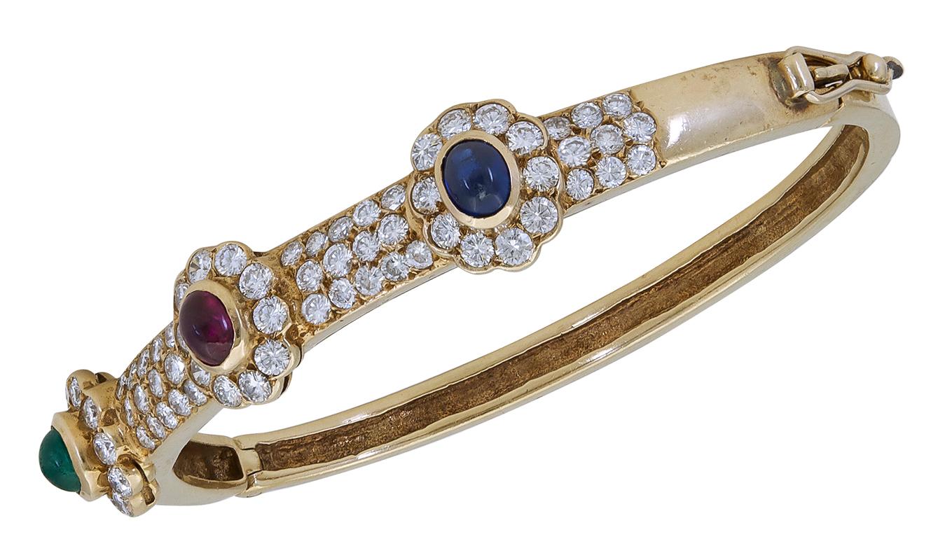 Round Cut Emerald, Ruby, Sapphire and Diamond Flower Bangle Bracelet For Sale