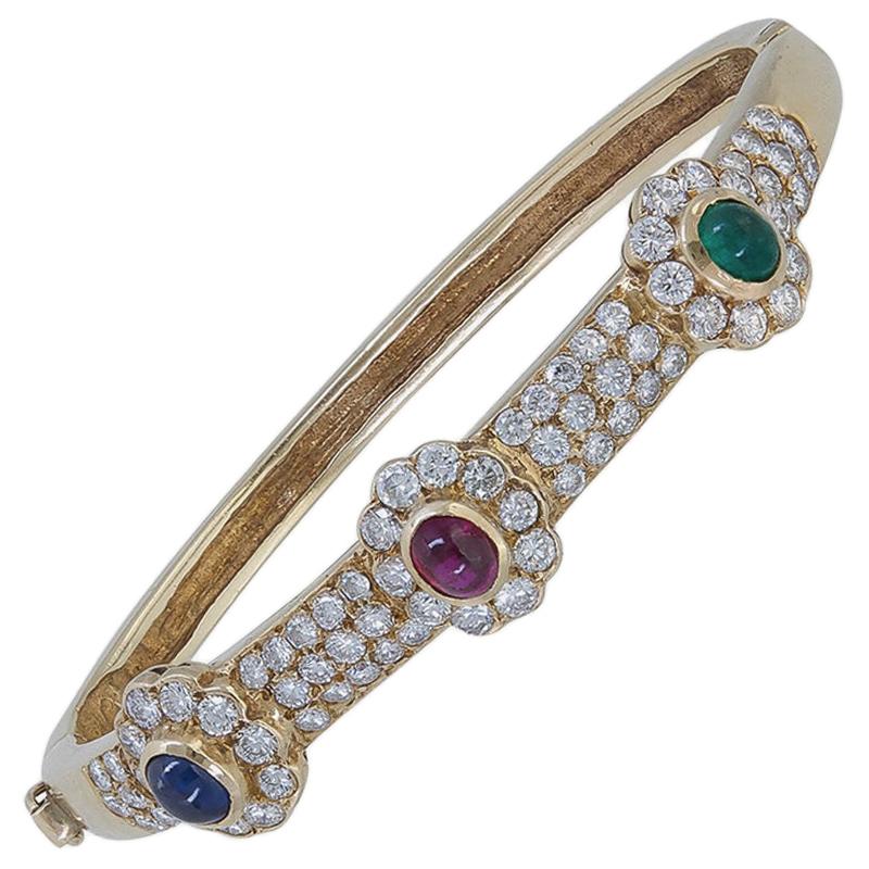 Emerald, Ruby, Sapphire and Diamond Flower Bangle Bracelet For Sale