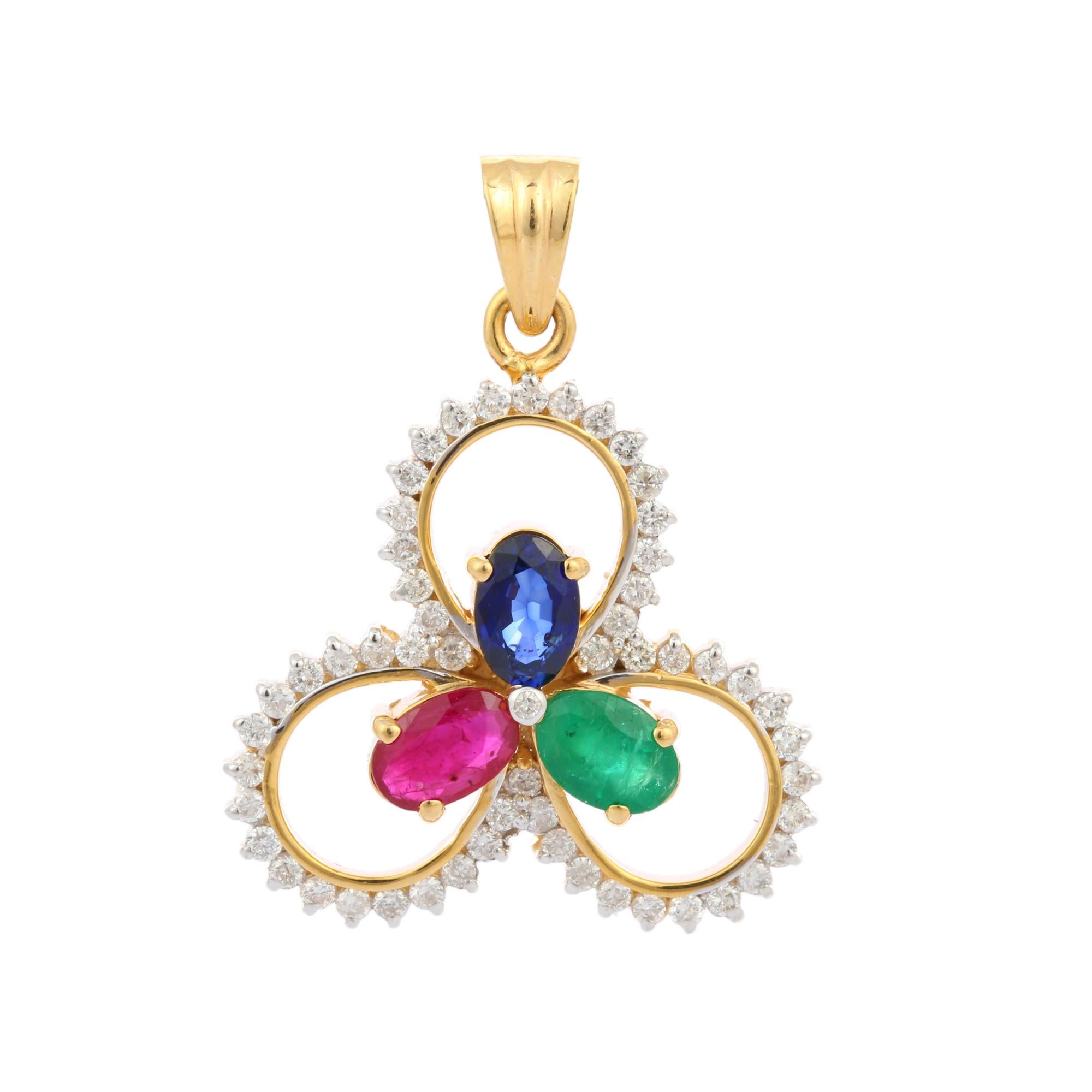Multi Color Emerald, Ruby and Sapphire Petal Pendant with Diamond in 14K Gold. It has a oval cut gemstone studded with diamonds that completes your look with a decent touch. Pendants are used to wear or gifted to represent love and promises. It's an