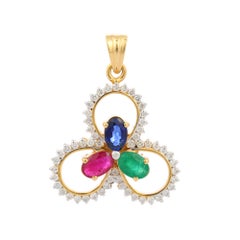 Emerald Ruby Sapphire Three Petal Flower Pendant in 14K Yellow Gold with Diamond
