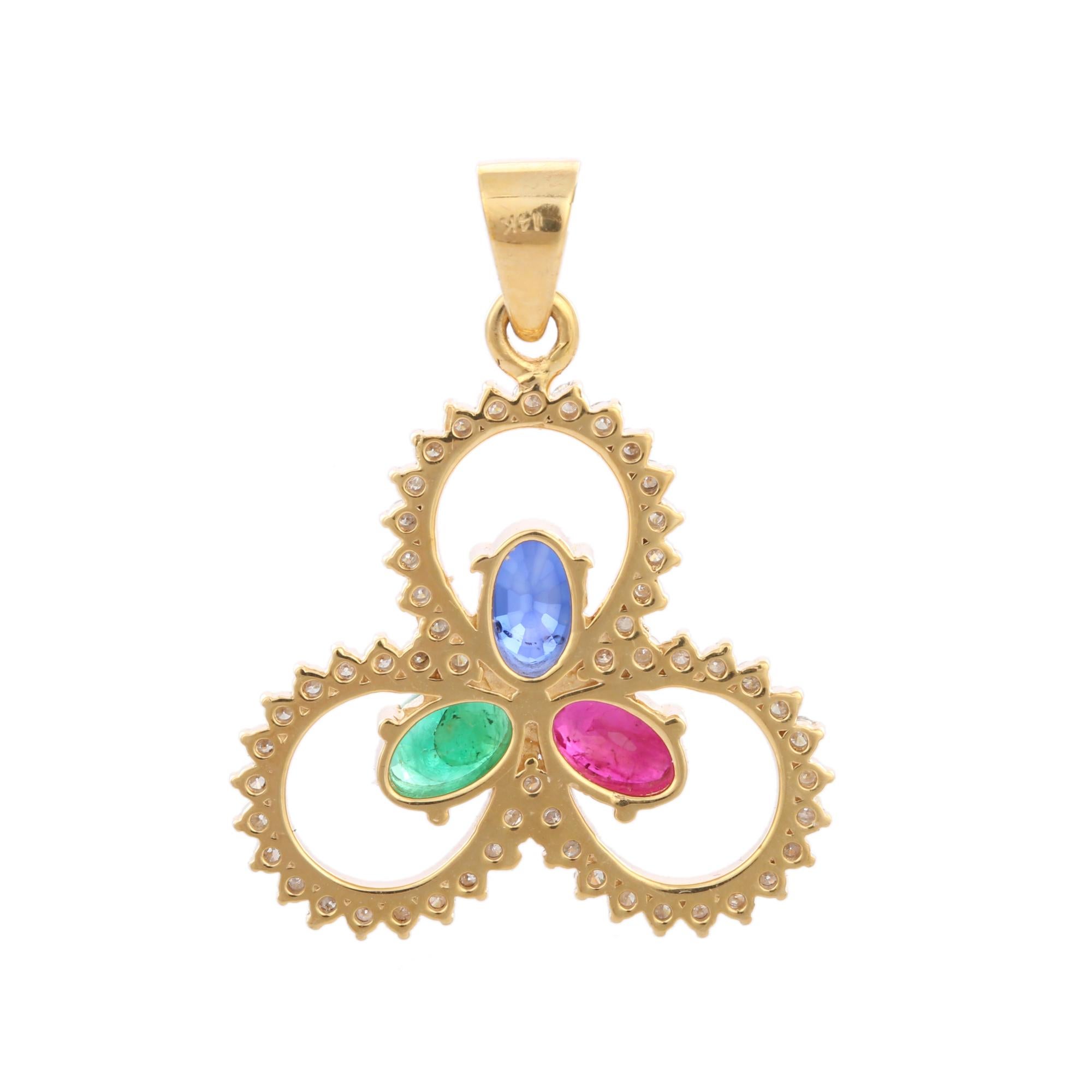 Contemporary Emerald Ruby Sapphire Three Petal Flower Pendant in 14K Yellow Gold with Diamond For Sale