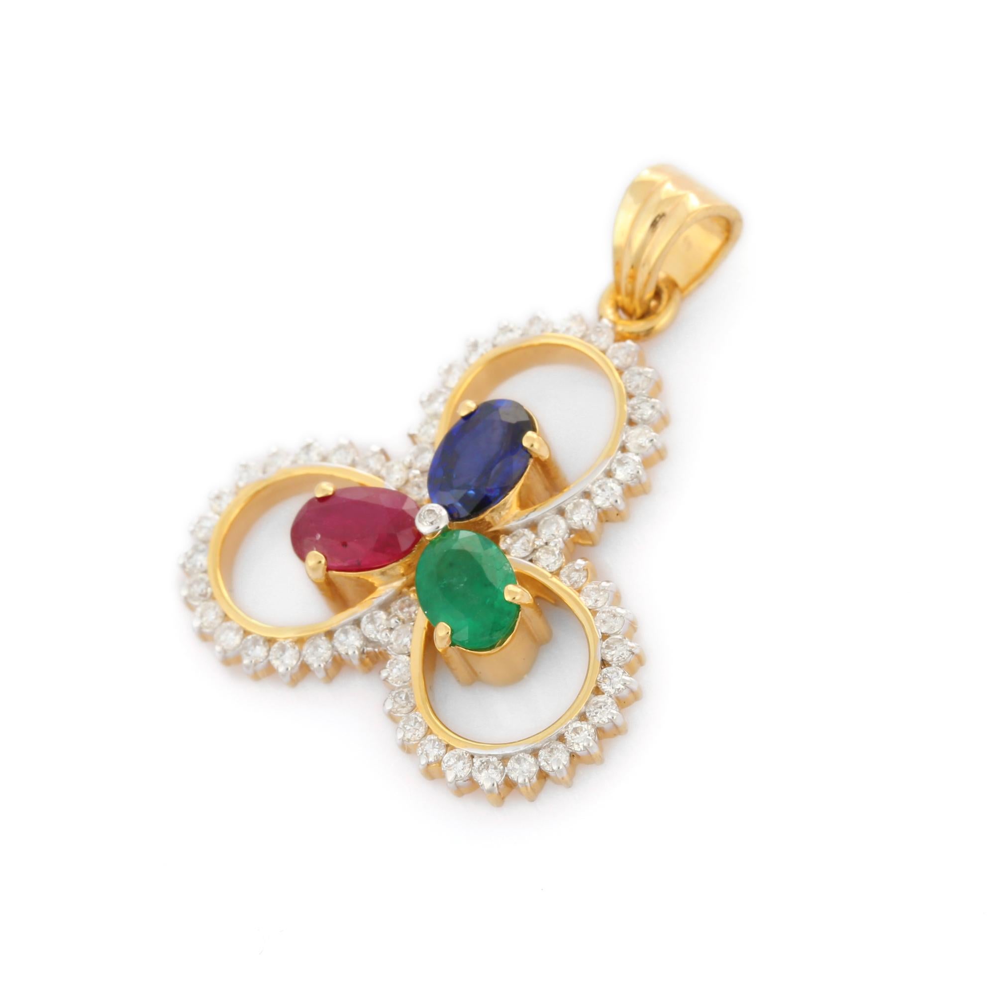 Oval Cut Emerald Ruby Sapphire Three Petal Flower Pendant in 14K Yellow Gold with Diamond For Sale