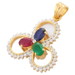Emerald Ruby Sapphire Three Petal Flower Pendant in 14K Yellow Gold with Diamond