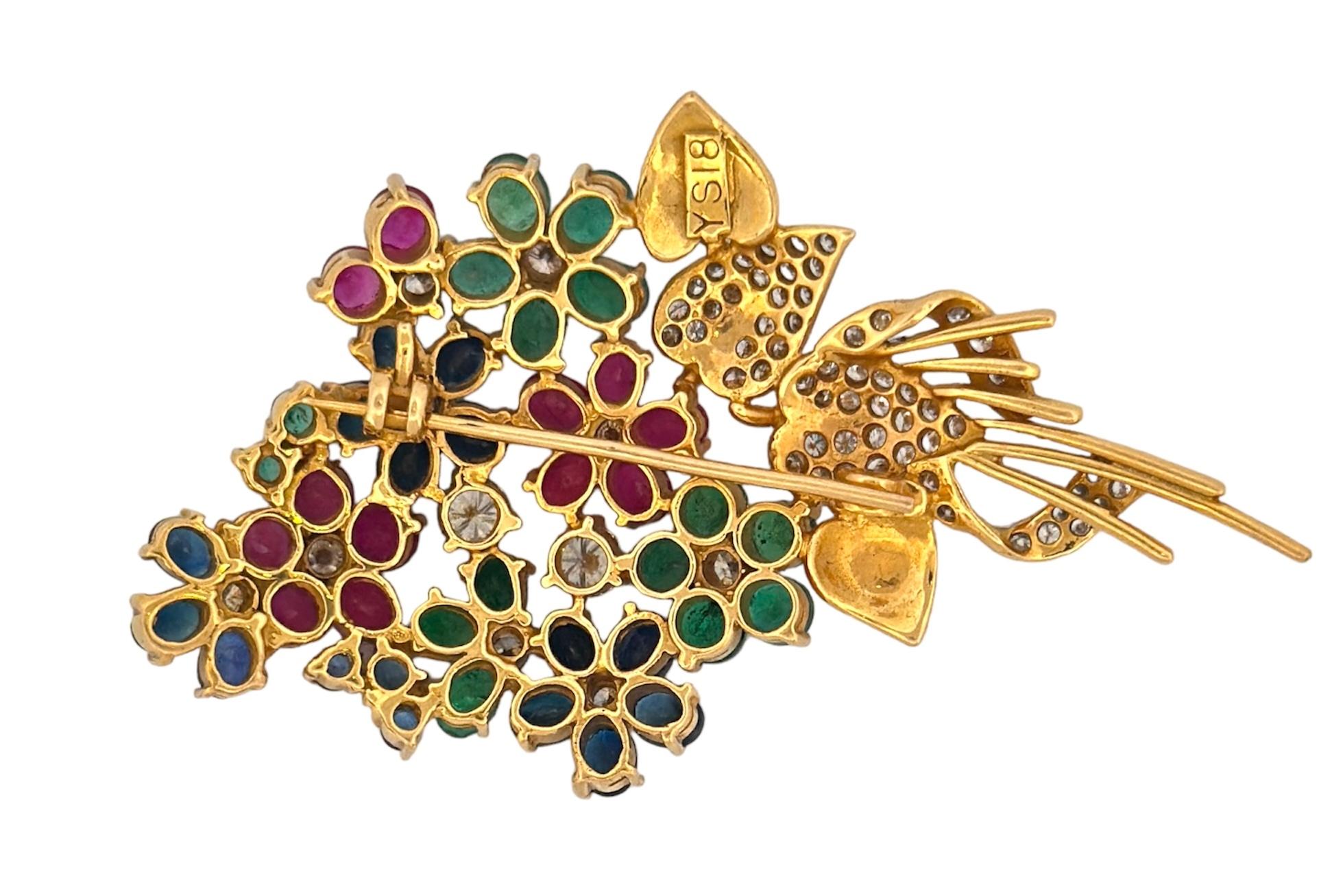 Round Cut Emerald, Ruby, Sapphire And White Diamond Bouquet Brooch For Sale
