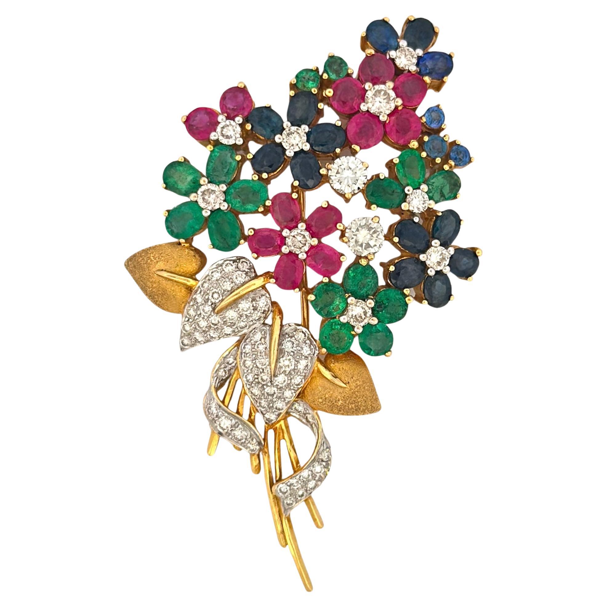 Blumenstrauß-Brosche mit Smaragd, Rubin, Saphir und weißen Diamanten