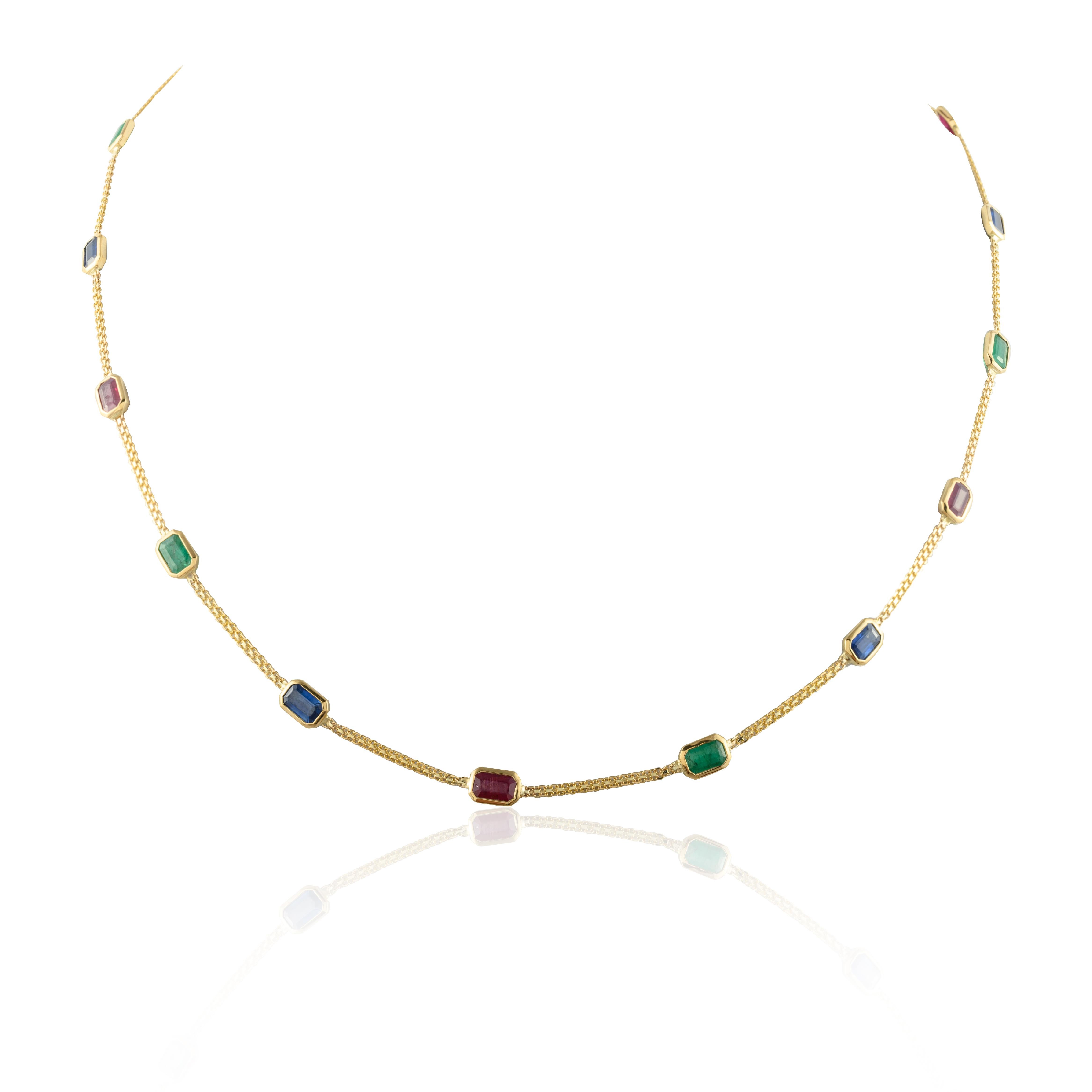 Emerald Ruby Sapphire Choker Necklace 18k Solid Yellow Gold, Grandma Gift In New Condition For Sale In New York, NY